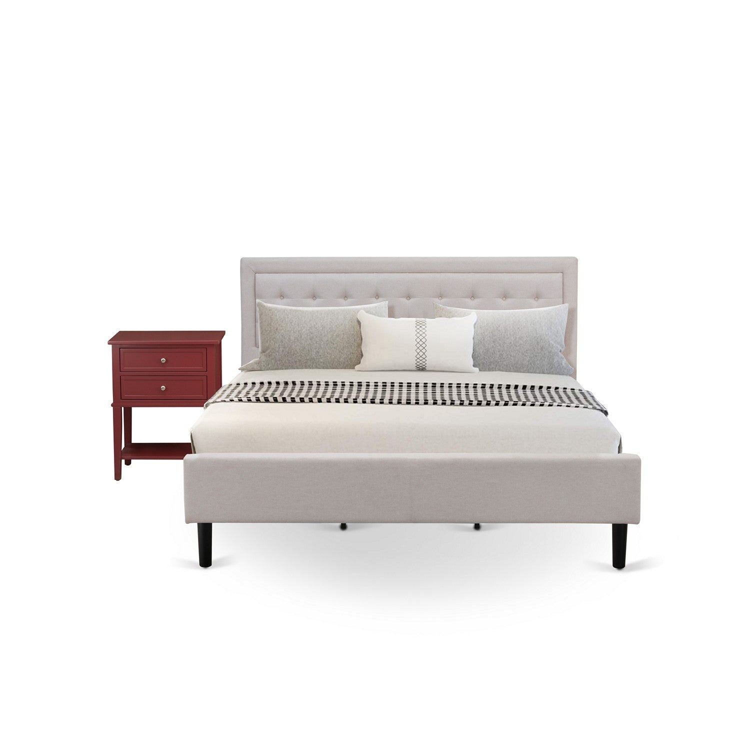 FN08K-1VL13 Juego de dormitorio Fannin de madera de 2 piezas con una cama de plataforma y una mesita de noche de estilo moderno de mediados de siglo - Fabricación confiable y duradera - Tela de lino beige niebla