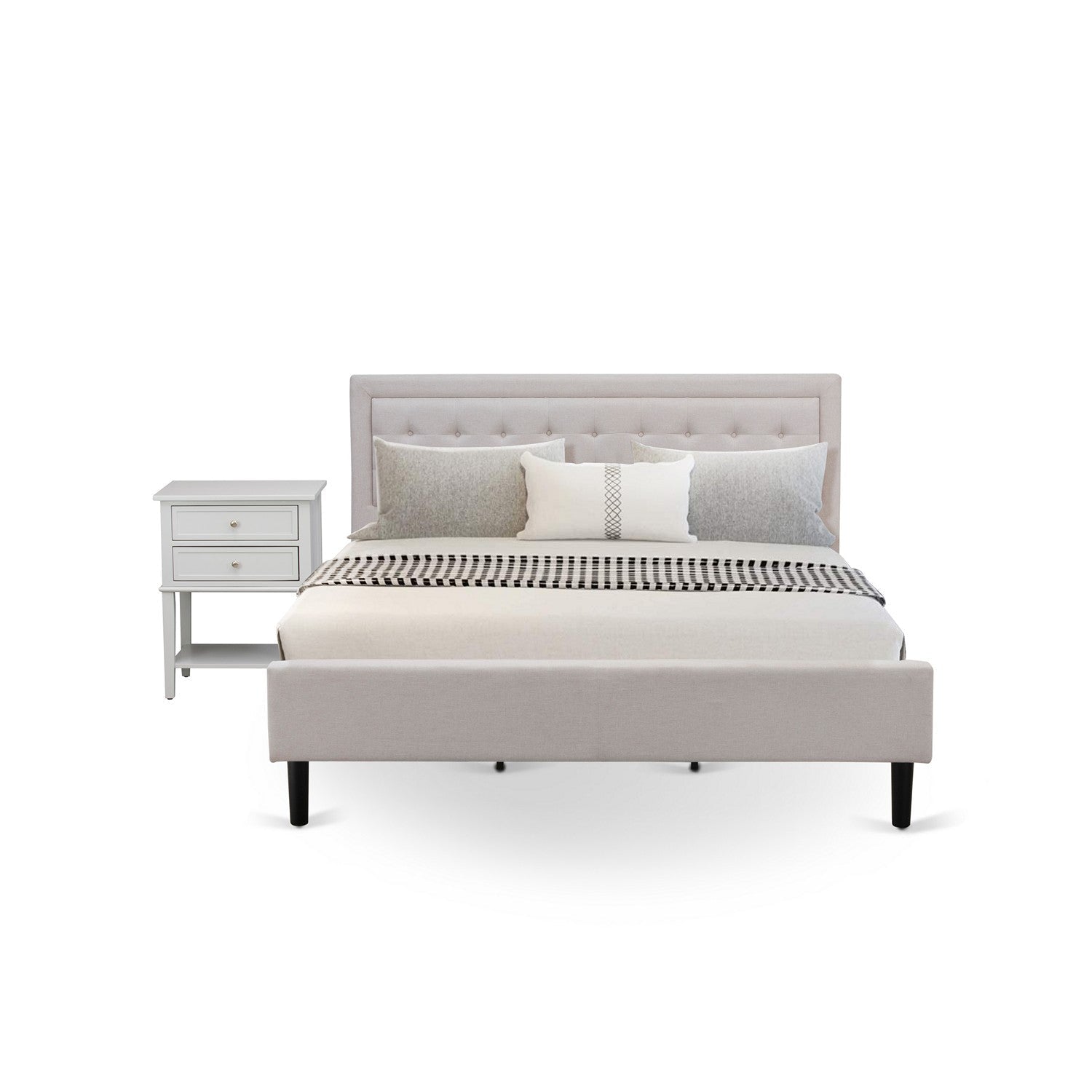 FN08K-1VL14 Juego de dormitorio de 2 piezas tamaño king con plataforma, cama con respaldo alto y mesita de noche de mediados de siglo. Construcción confiable y duradera. Tela de lino beige niebla.