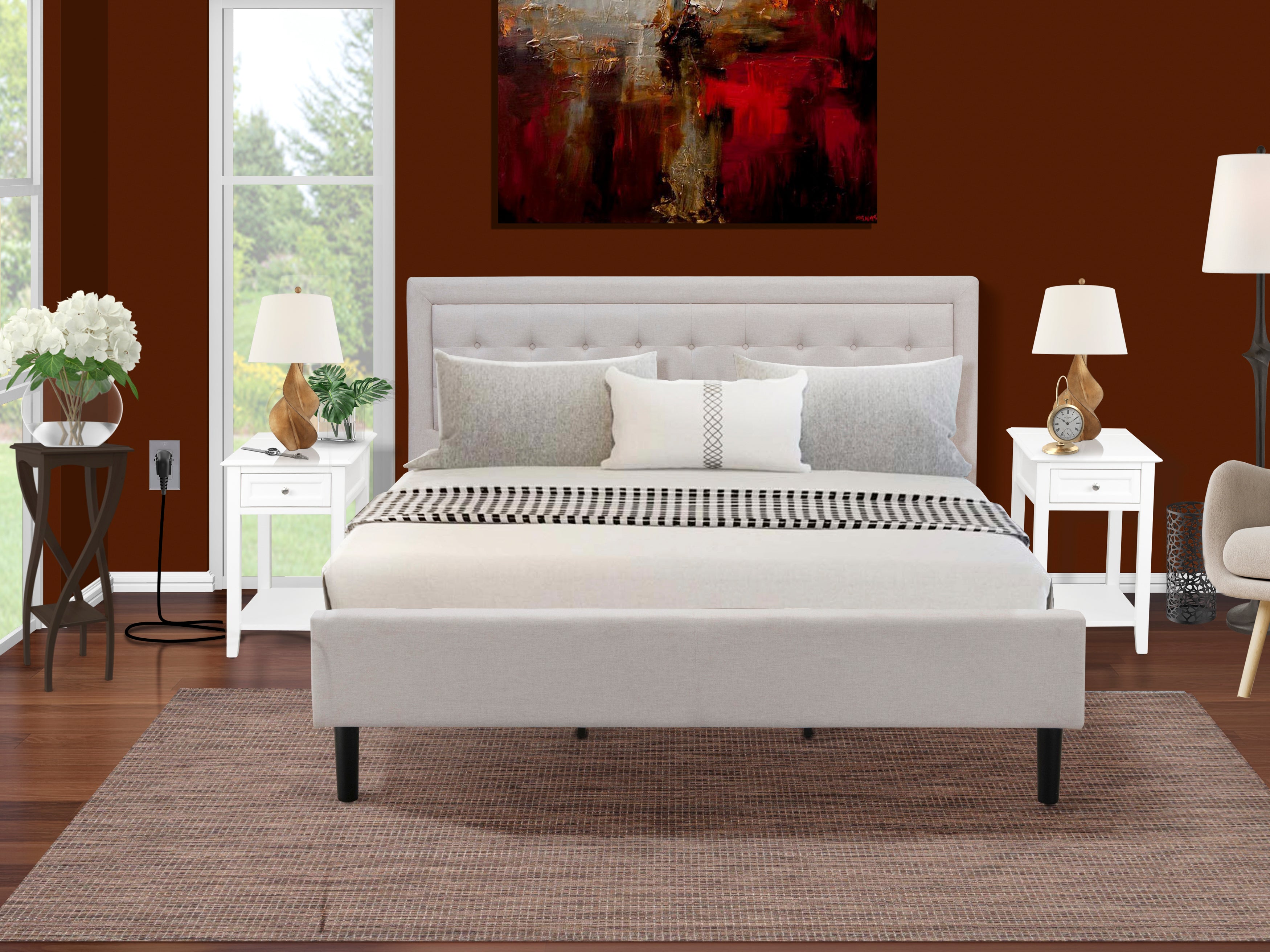 Juego de dormitorio de 3 piezas East West Furniture FN08K-2DE05 con plataforma tamaño king, con una cama tamaño king y dos mesitas de noche. Construcción robusta y confiable. Tela de lino beige niebla.