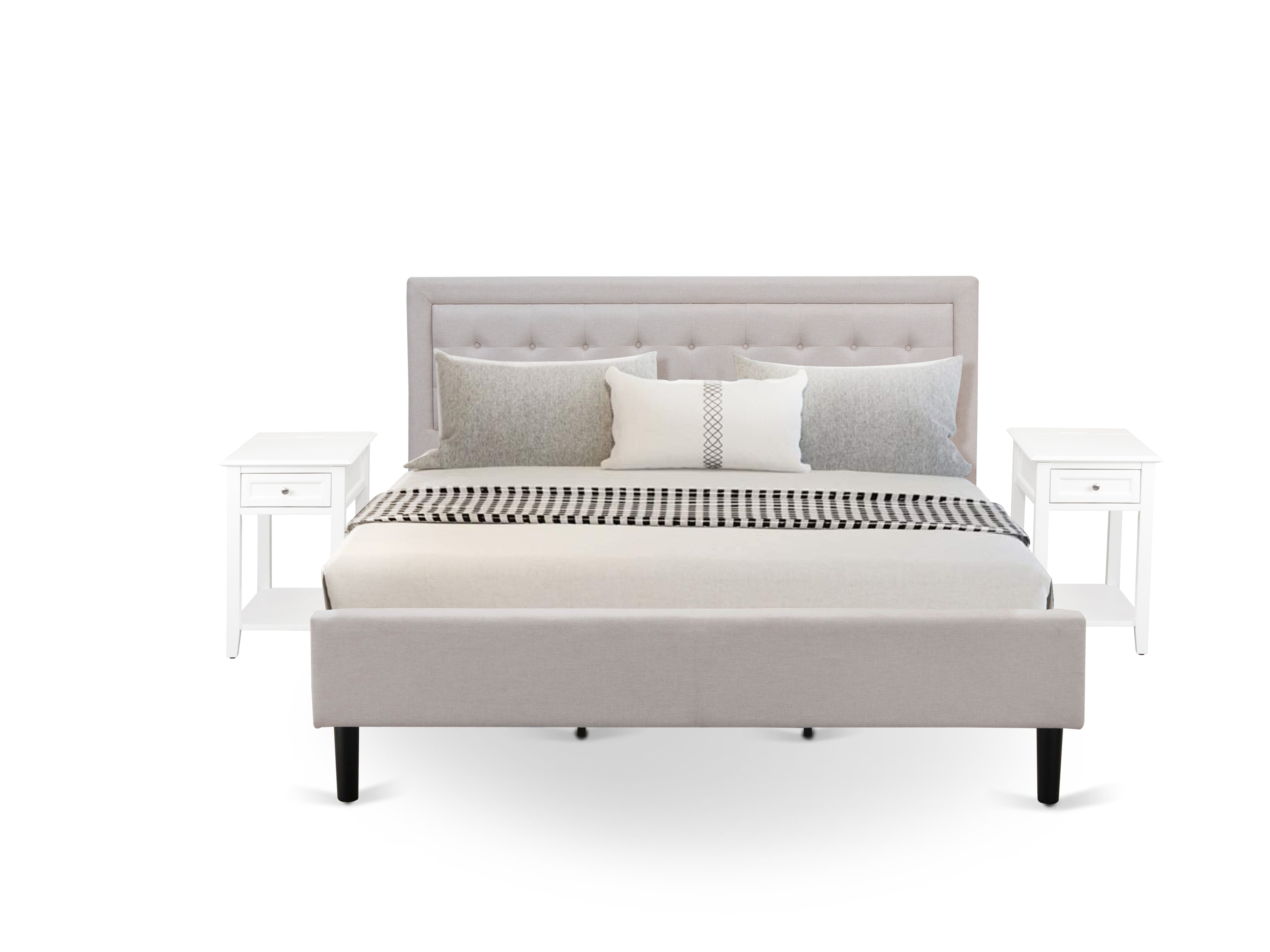 Juego de dormitorio de 3 piezas East West Furniture FN08K-2DE05 con plataforma tamaño king, con una cama tamaño king y dos mesitas de noche. Construcción robusta y confiable. Tela de lino beige niebla.