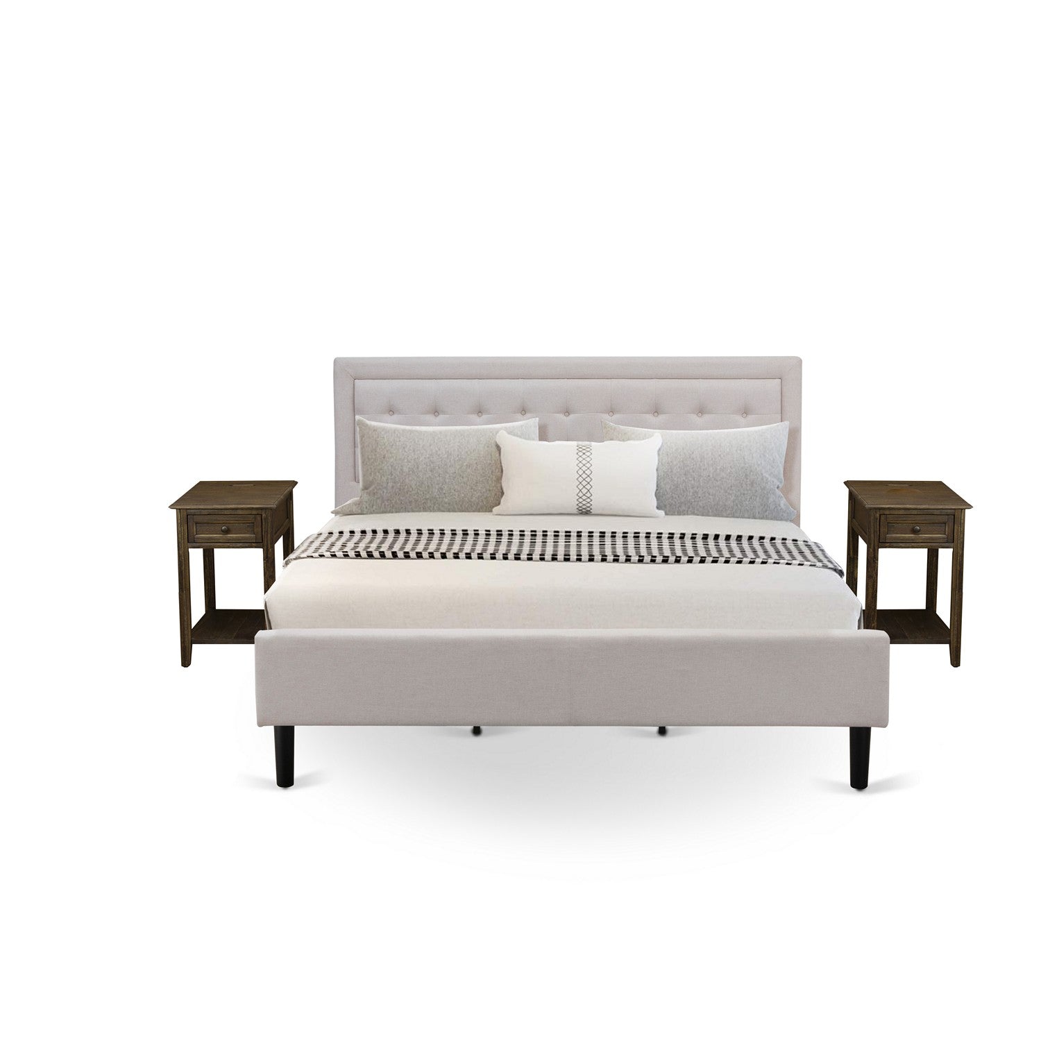 Juego de dormitorio Fannin King Size de 3 piezas FN08K-2DE07 de East West Furniture con una cama King Size y dos mesitas de noche de mediados de siglo. Fabricación robusta y confiable. Tela de lino beige niebla.