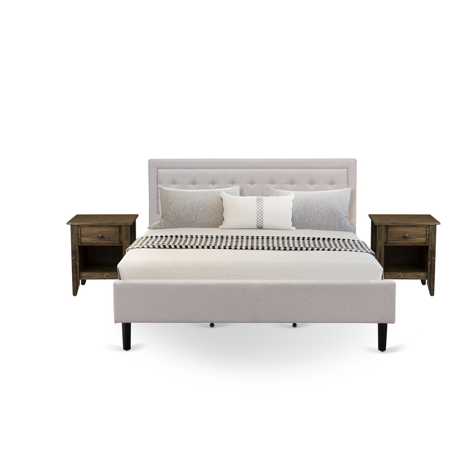 East West Furniture FN08K-2GA07 3-Piece Platform King Size Bedroom Set with 1 Mid Century Bed and 2 Modern Nightstands - Reliable and Sturdy Manufacturing - Mist Beige Linen Fabric