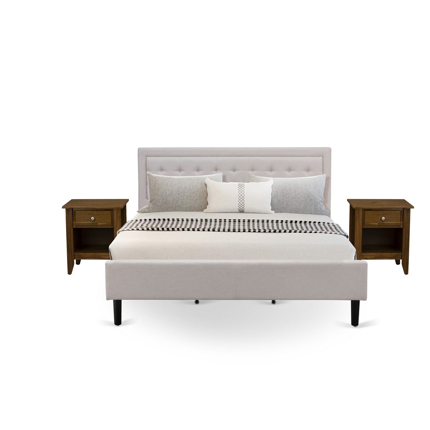 East West Furniture FN08K-2GA08 3-Piece Fannin King Bedroom Set with 1 King Bed Frame and 2 Night Stands for Bedrooms - Reliable and Sturdy Manufacturing - Mist Beige Linen Fabric