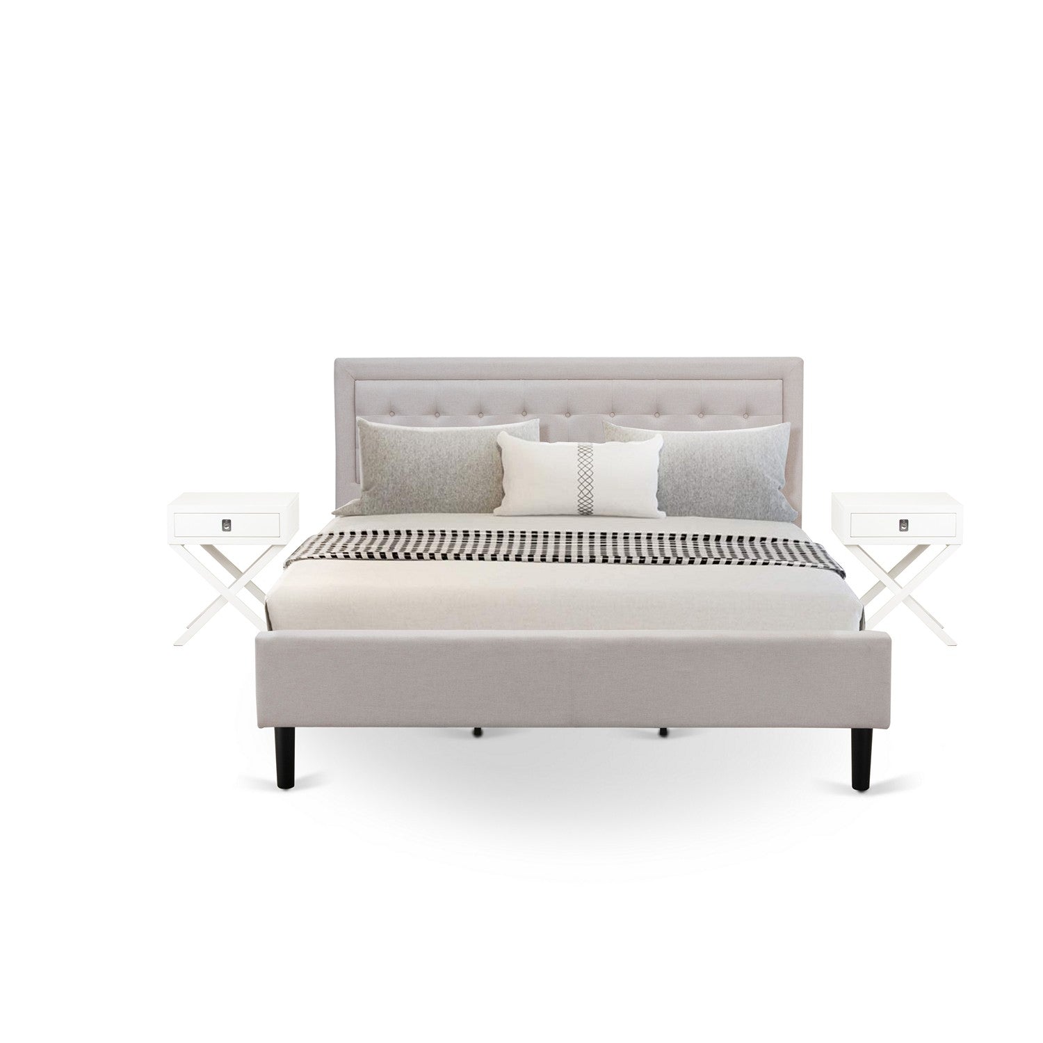 Juego de dormitorio Fannin King Size de 3 piezas FN08K-2HAE0 de East West Furniture con una cama de mediados de siglo y dos mesitas de noche modernas de mediados de siglo - Fabricación confiable y robusta - Tela de lino beige niebla
