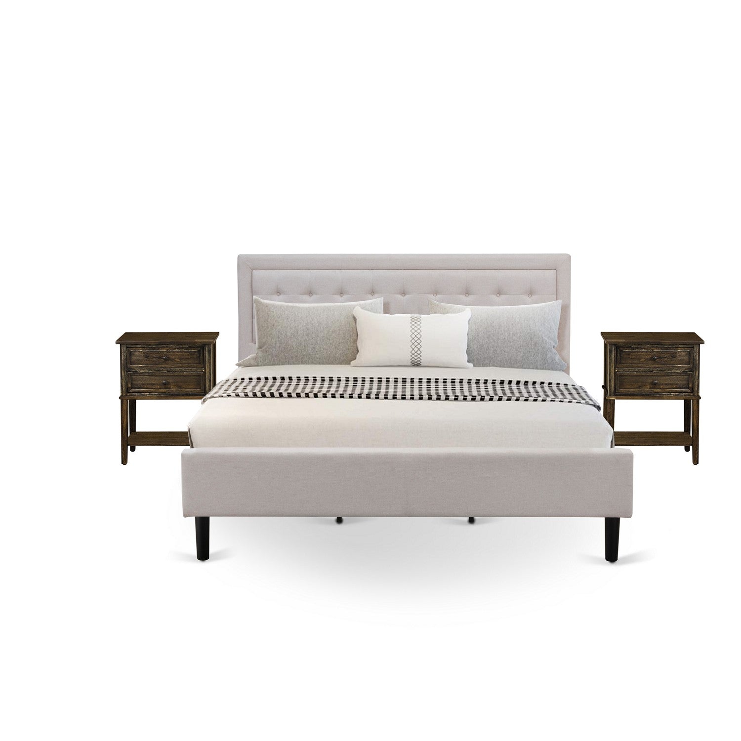 FN08K-2VL07 Juego de cama king size de 3 piezas con plataforma, 1 cama con respaldo alto y 2 mesitas auxiliares - Construcción confiable y duradera - Tela de lino beige niebla