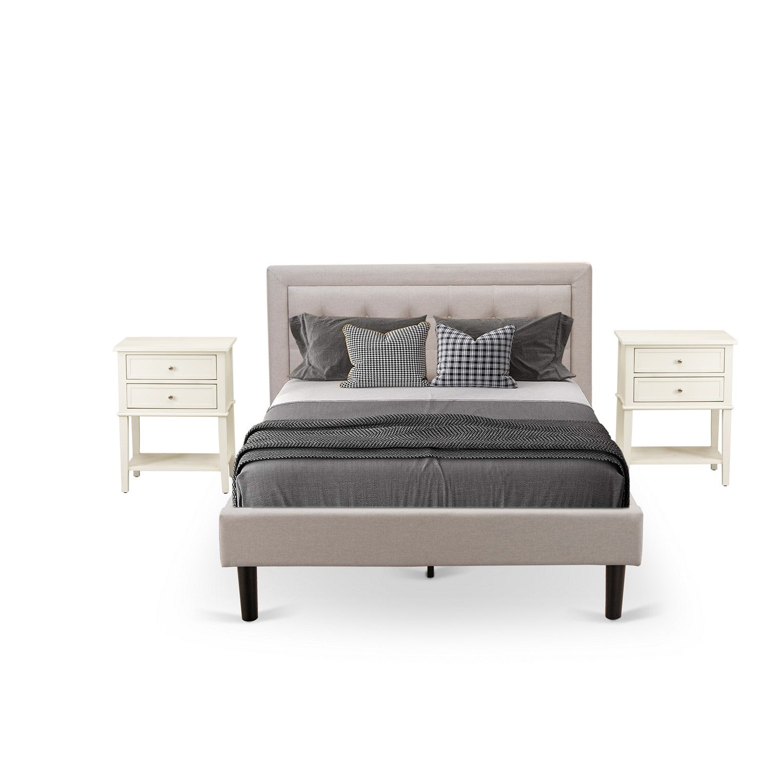 East West Furniture FN08K-2VL0C 3-Piece Platform Wooden Set for Bedroom with 1 King Size Bed and 2 Night Stands - Reliable and Durable Construction - Mist Beige Linen Fabric