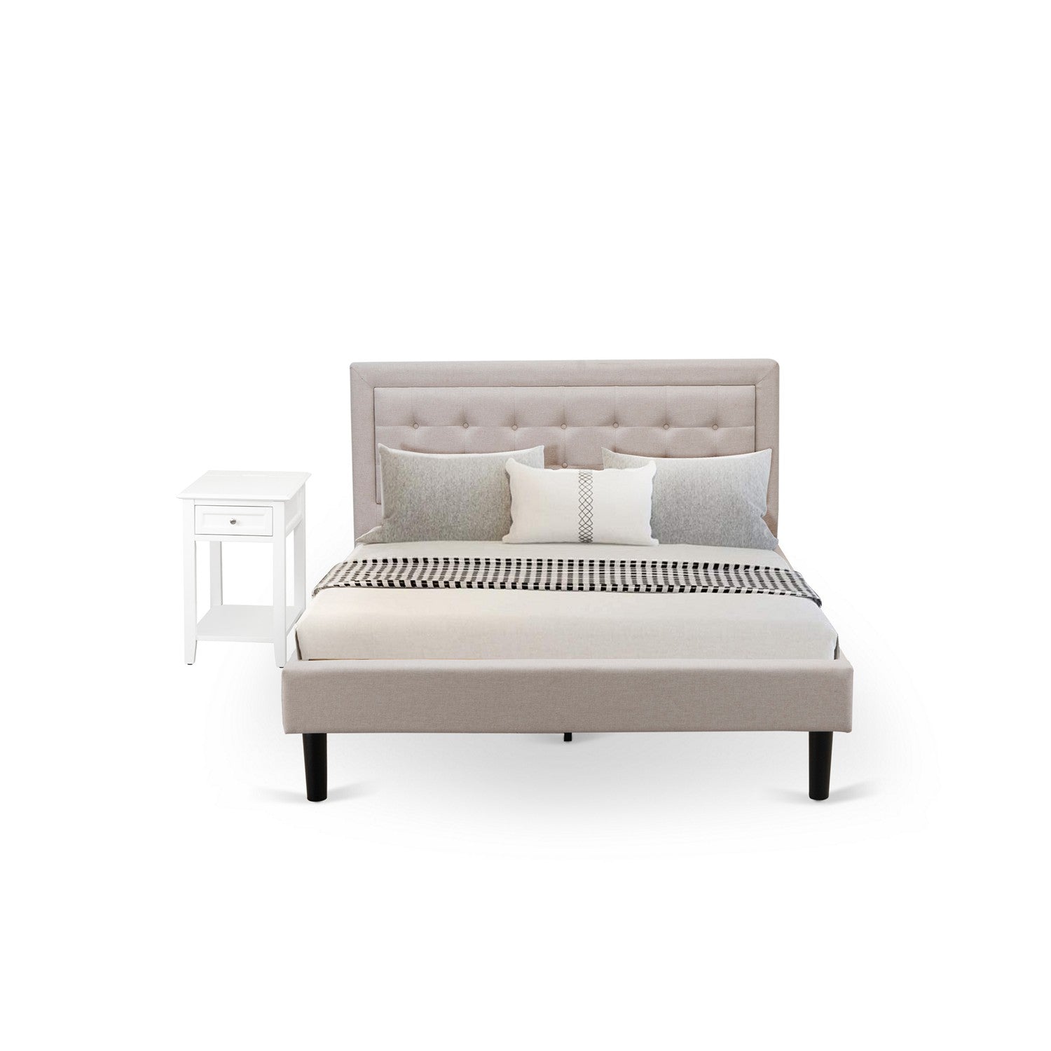 East West Furniture FN08Q-1DE05 2-Piece Fannin Queen Bed Set Furniture with 1 Modern Bed and a Bedroom Nightstand - Reliable and Sturdy Manufacturing - Mist Beige Linen Fabric