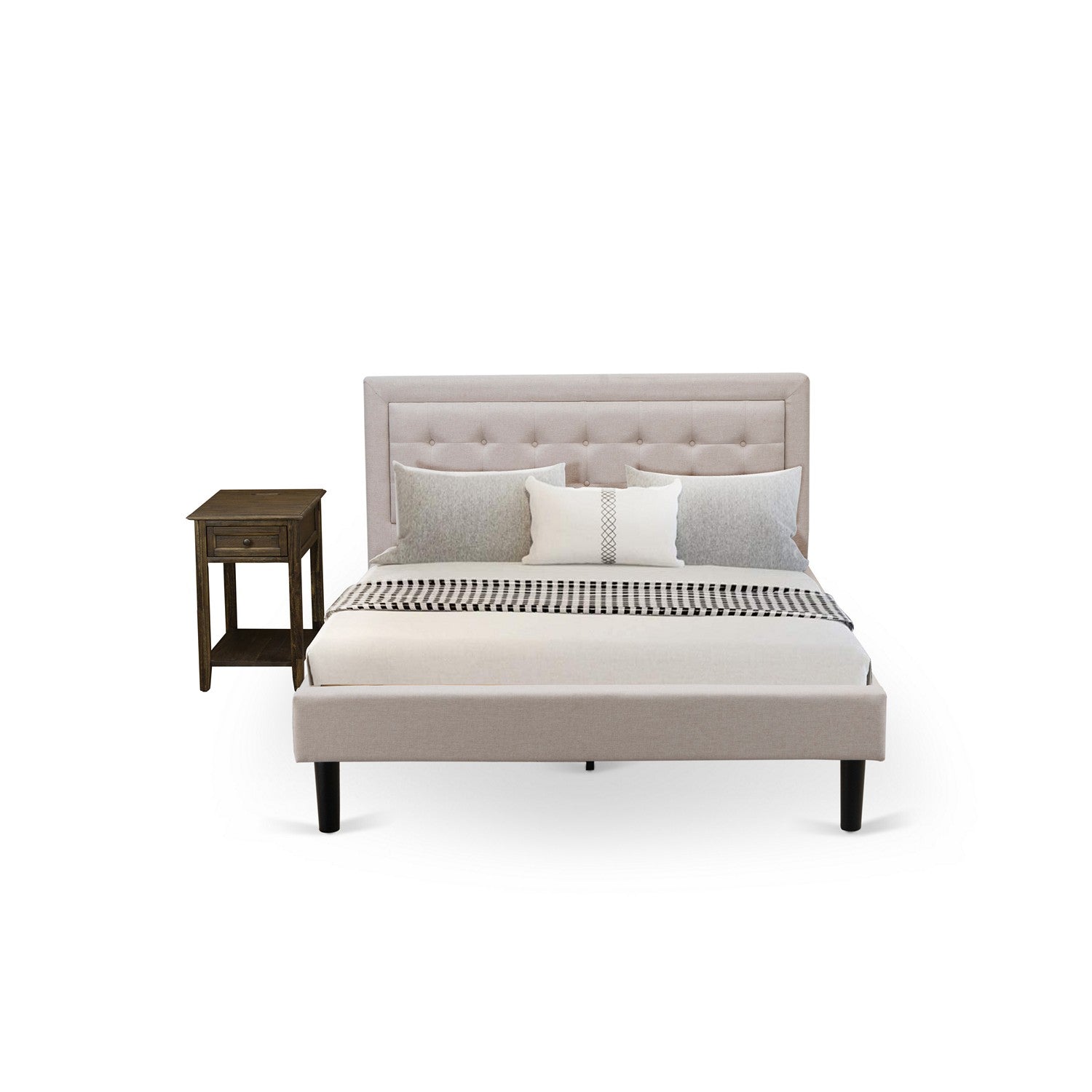 East West Furniture FN08Q-1DE07 2-Piece Platform Bedroom Furniture Set with 1 Modern Bed and a Mid Century Nightstand - Reliable and Sturdy Manufacturing - Mist Beige Linen Fabric