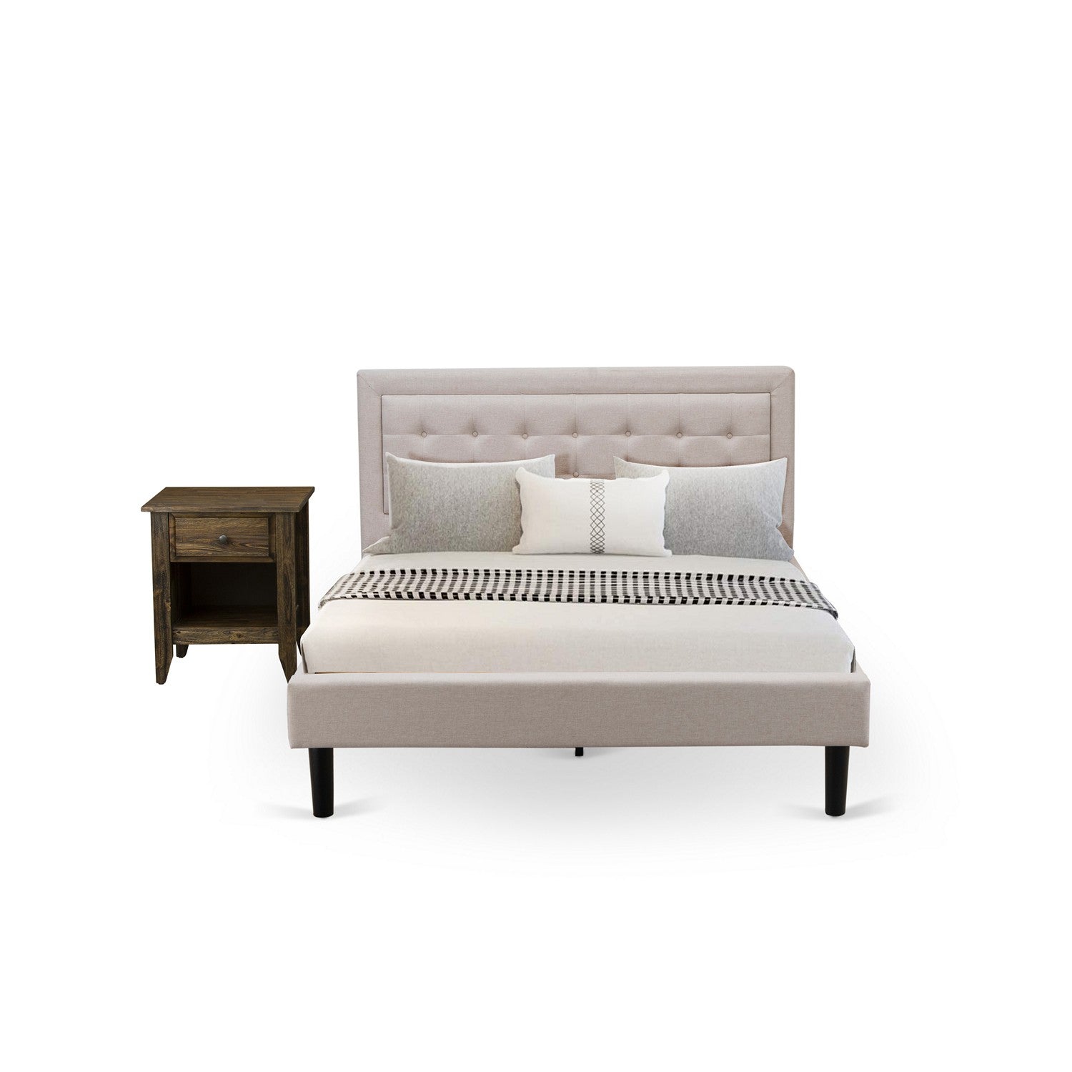 East West Furniture FN08Q-1GA07 2-Piece Fannin Queen Bedroom Set with 1 Wingback Bed and a Mid Century Modern Nightstand - Reliable and Durable Construction - Mist Beige Linen Fabric