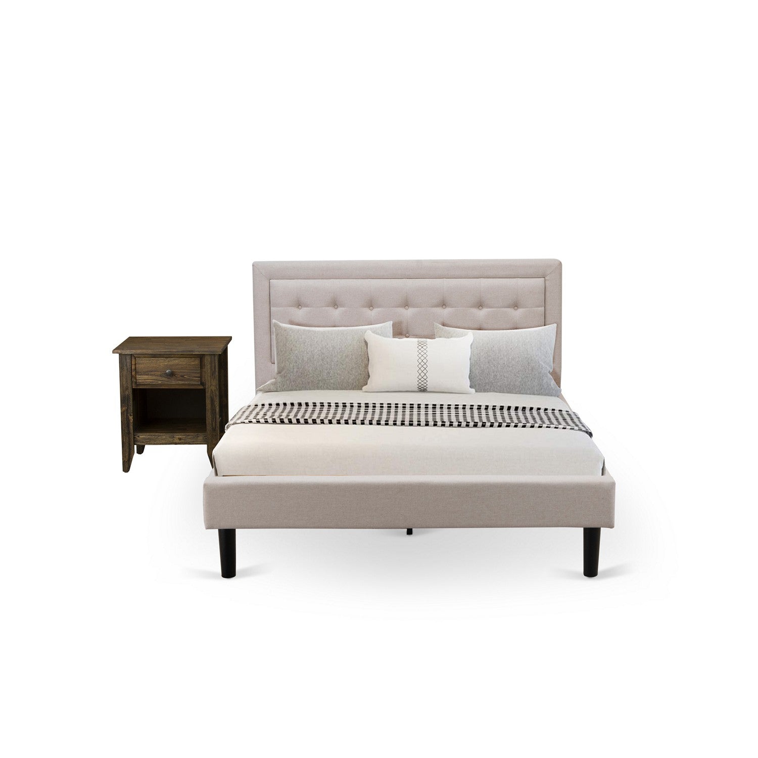East West Furniture FN08Q-1GA0C 2-Piece Platform Queen Bed Set Furniture with 1 Queen Size Frame and a Mid Century Nightstand - Reliable and Durable Construction - Mist Beige Linen Fabric