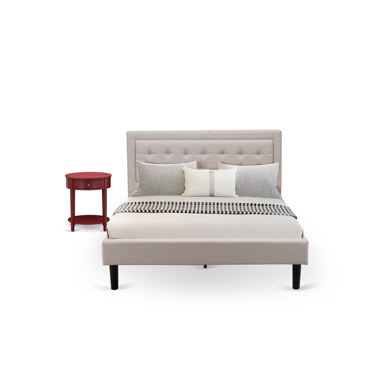 East West Furniture FN08Q-1HI13 2-Piece Fannin Queen Bed Set Furniture with 1 Queen Bedframe and an End Table for bedroom - Reliable and Durable Manufacturing - Mist Beige Linen Fabric