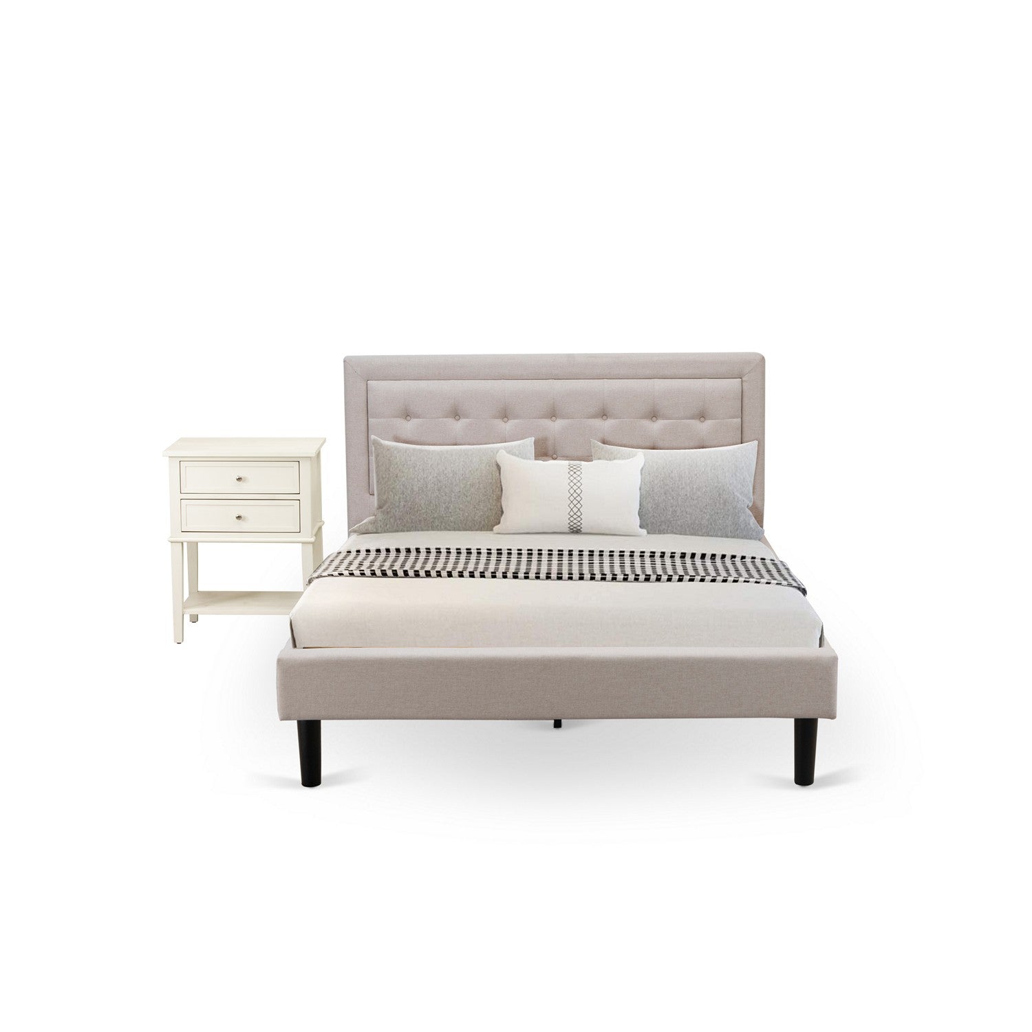 East West Furniture FN08Q-1VL0C 2-Piece Fannin Queen Bedroom Set with 1 Queen Bedframe and a Small End Table - Reliable and Sturdy Manufacturing - Mist Beige Linen Fabric