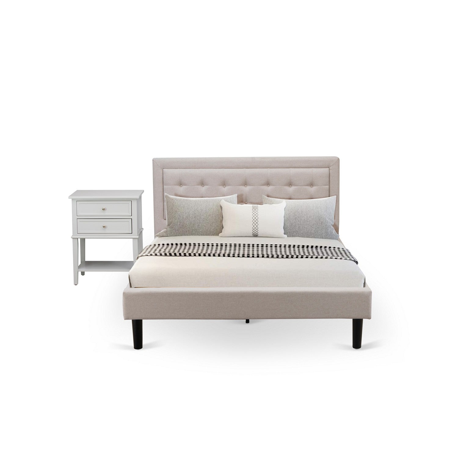 East West Furniture FN08Q-1VL14 2-Piece Fannin Bed Set with 1 Platform Bed and a Bedroom Nightstand - Reliable and Durable Manufacturing - Mist Beige Linen Fabric