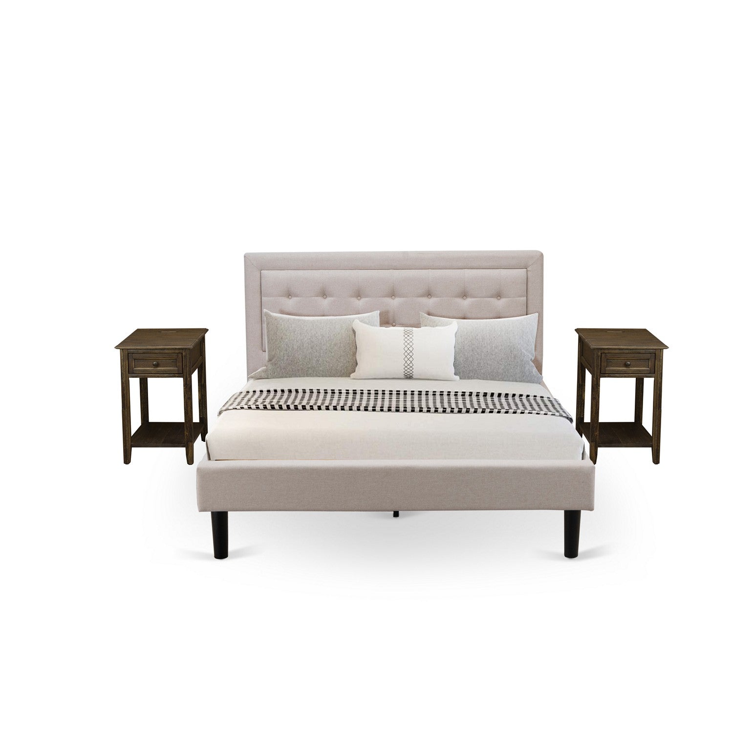 East West Furniture FN08Q-2DE07 3-Piece Platform Queen Bed Set Furniture with 1 Platform Bed and 2 End Tables - Reliable and Sturdy Construction - Mist Beige Linen Fabric