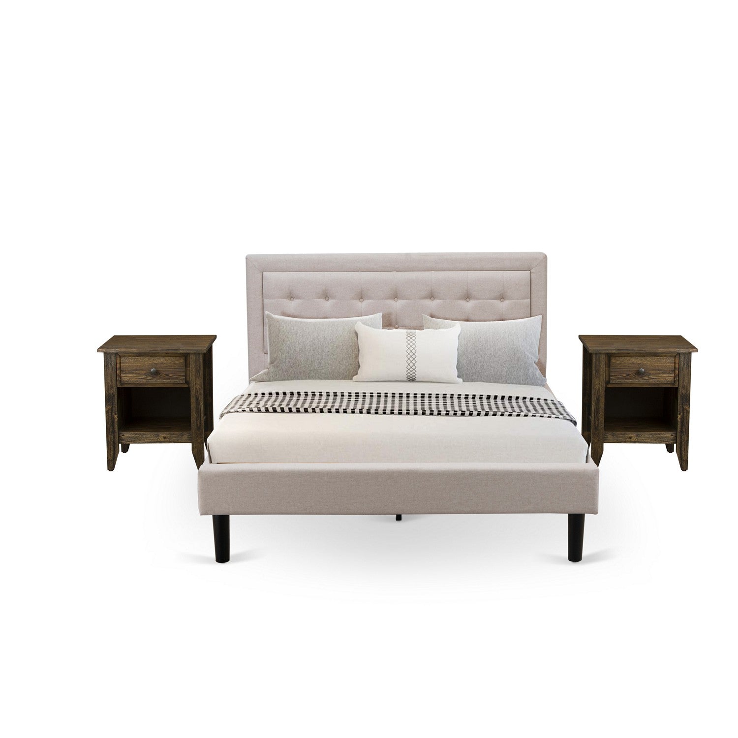East West Furniture FN08Q-2GA07 3-Piece Fannin Bedroom Furniture Set with 1 Platform Bed Frame and 2 Bedroom Nightstands - Reliable and Durable Construction - Mist Beige Linen Fabric