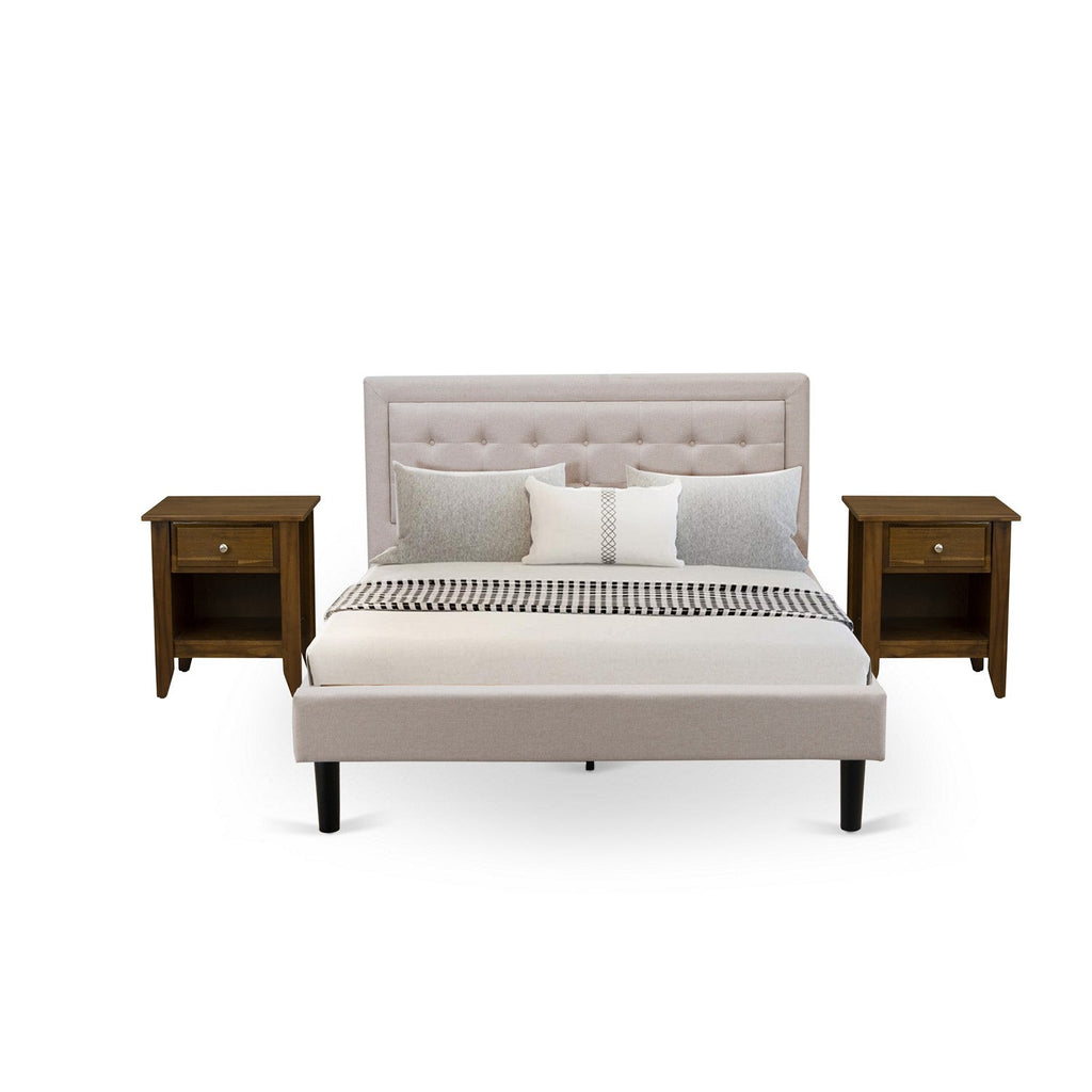 East West Furniture FN08Q-2GA08 3-Piece Platform Bed Set with 1 Queen Wood Bed Frame and 2 Modern Nightstands - Mist Beige Linen Fabric