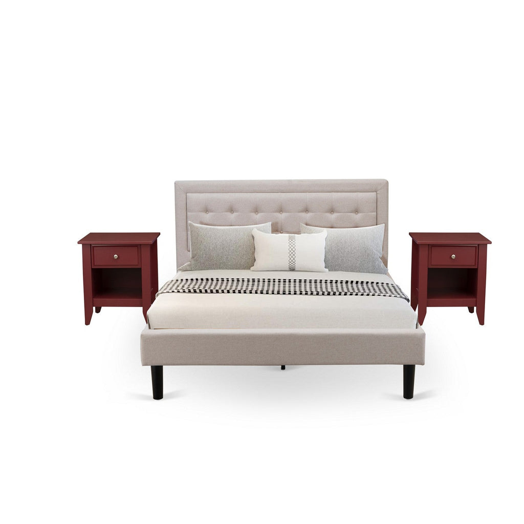 East West Furniture FN08Q-2GA13 3-Piece Fannin Bedroom Furniture Set with 1 Wingback Bed and 2 Bedroom Nightstands - Mist Beige Linen Fabric