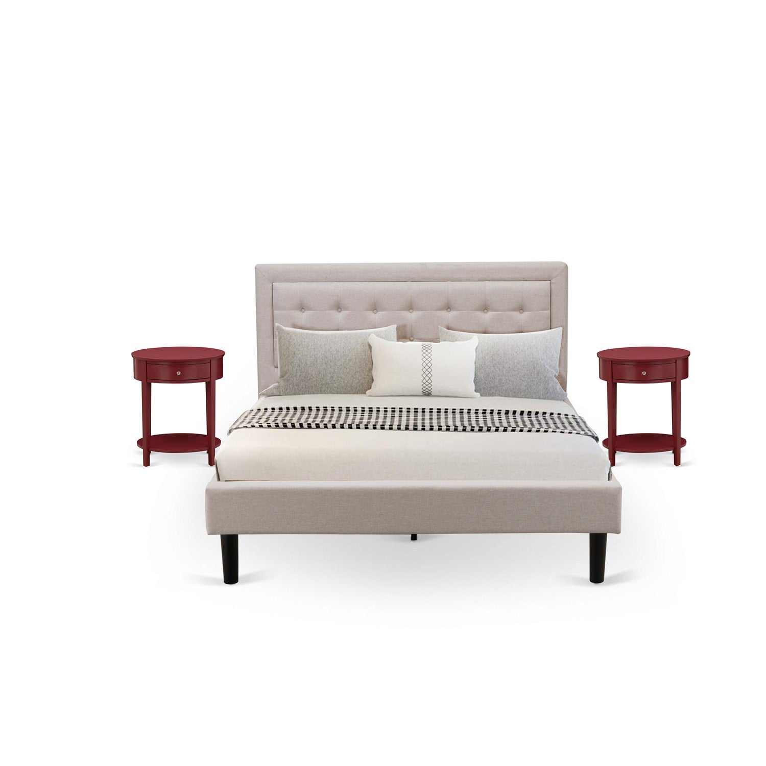 East West Furniture FN08Q-2HI13 3-Piece Fannin Wooden Set for Bedroom with 1 Mid Century Bed and 2 Small End Tables - Reliable and Durable Manufacturing - Mist Beige Linen Fabric