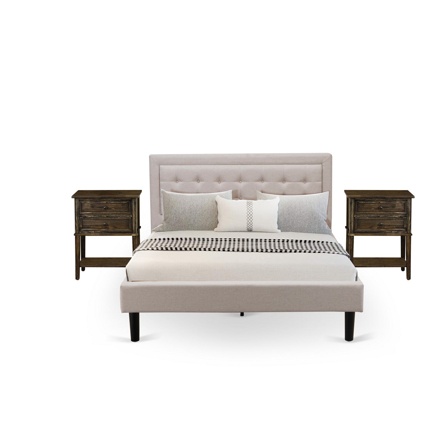 East West Furniture FN08Q-2VL07 3-Piece Fannin Bed Set with 1 Wingback Bed and 2 Small Nightstands - Reliable and Sturdy Manufacturing - Mist Beige Linen Fabric