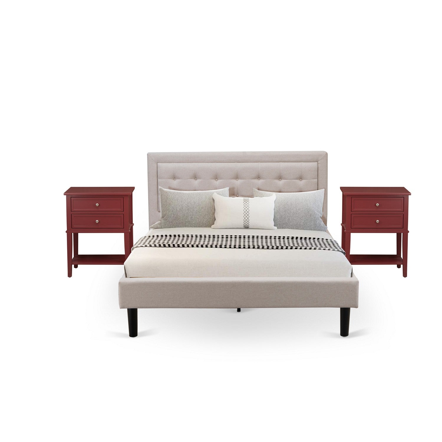 East West Furniture FN08Q-2VL13 3-Piece Fannin Queen Bed Set Furniture with 1 Queen Size Frame and 2 Small Nightstands - Reliable and Durable Construction - Mist Beige Linen Fabric