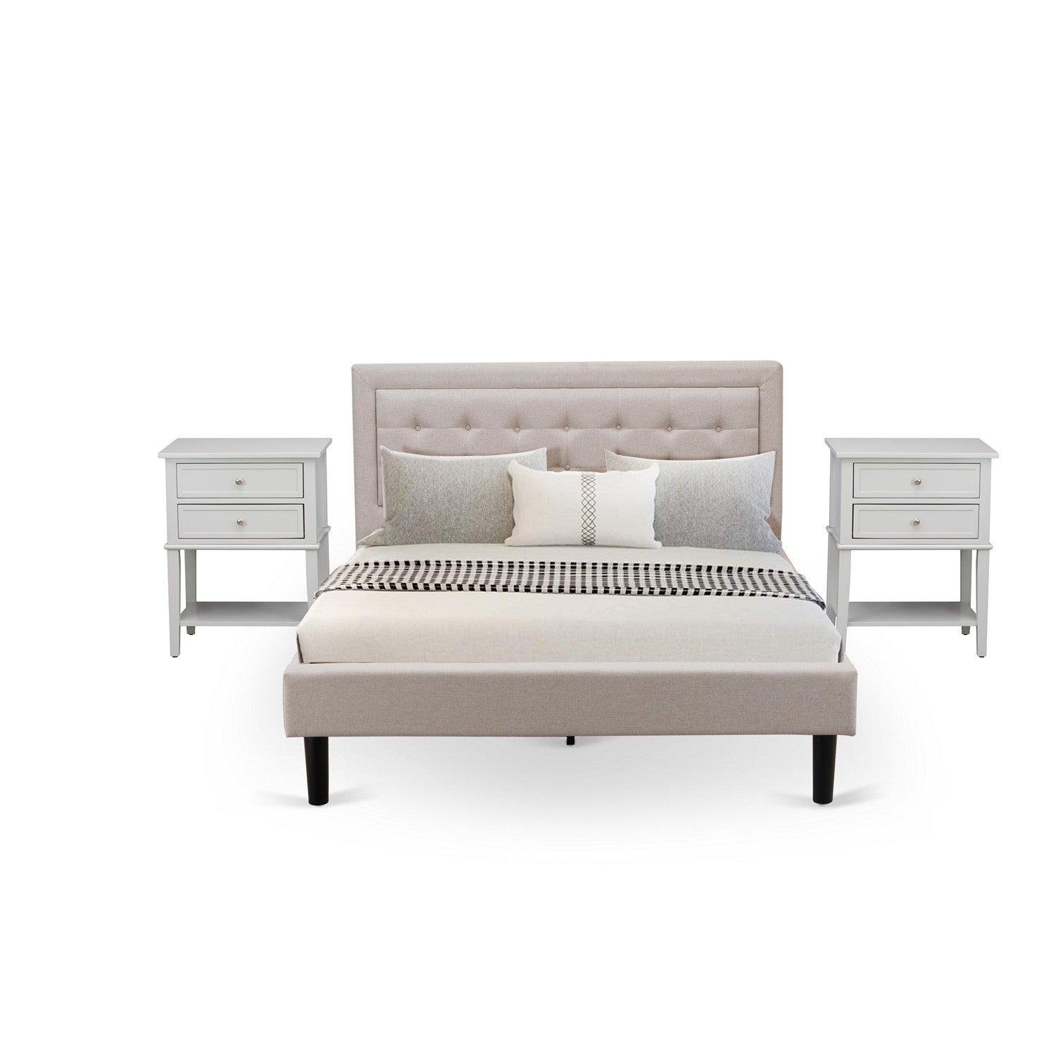 East West Furniture FN08Q-2VL14 3-Piece Fannin Bedroom Set with 1 Queen Bed and 2 Night Stands - Reliable and Sturdy Manufacturing - Mist Beige Linen Fabric