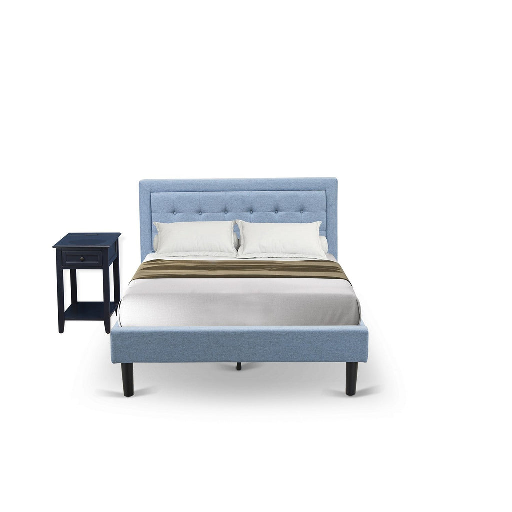 East West Furniture FN11F-1DE15 2-Pc Fannin Full Size Bed Set with 1 Full Bed and an End Table for bedroom - Denim Blue Linen Fabric