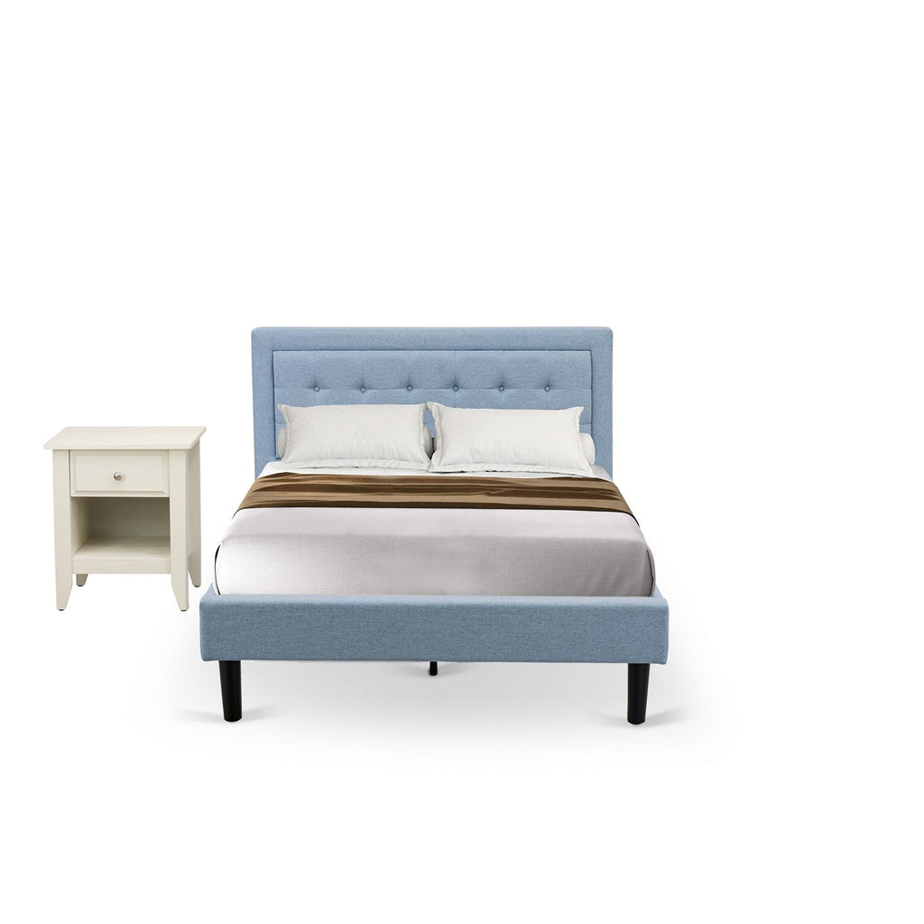 East West Furniture FN11F-1GA0C 2-Pc Platform Full Bedroom Set with 1 Full Bed Frame and a Night Stand - Denim Blue Linen Fabric