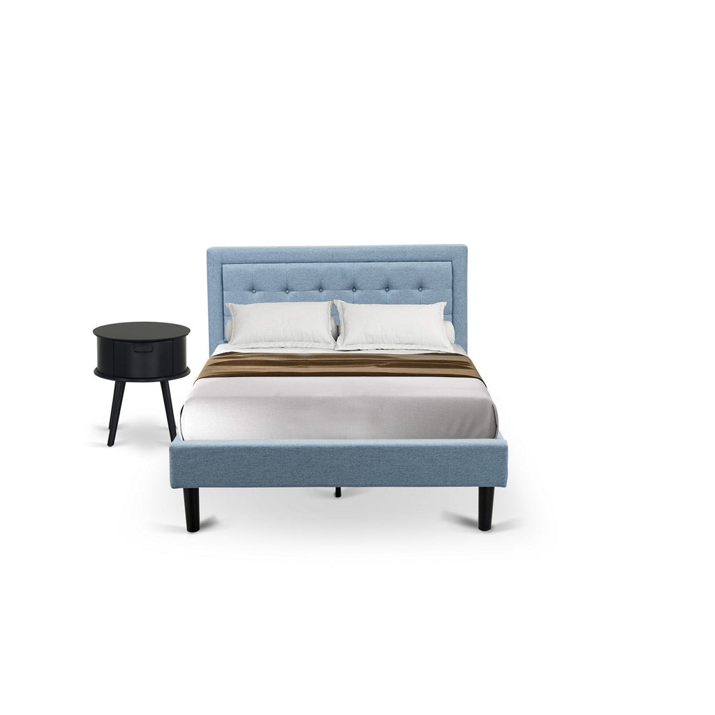 East West Furniture FN11F-1GO15 2-Pc Platform Full Size Bed Set with 1 Bed Frame and a Night Stand for Bedrooms - Denim Blue Linen Fabric