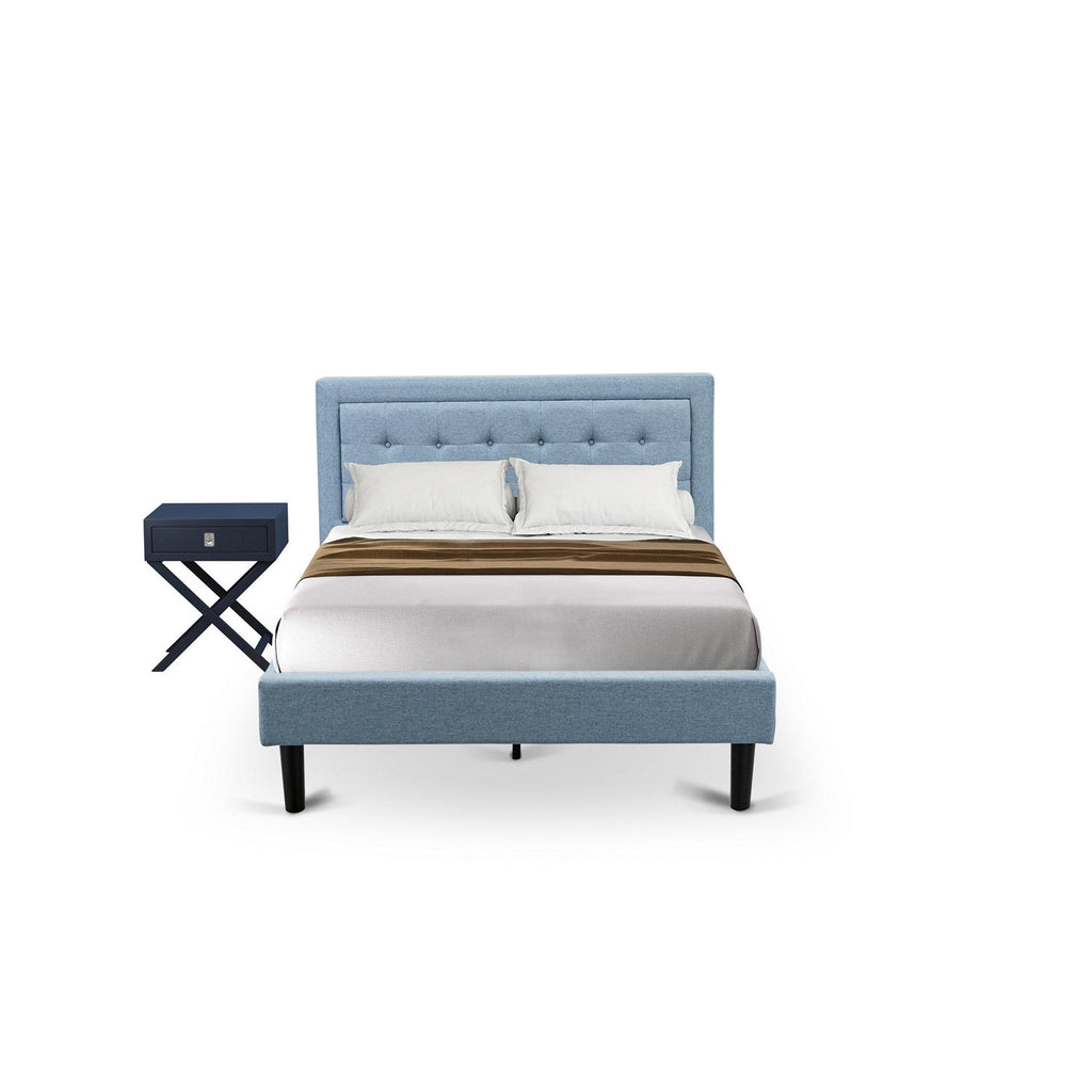 East West Furniture FN11F-1HA15 2-Piece Fannin Full Size Bedroom Set with 1 Wood Bed Frame and a Mid Century Modern Nightstand - Denim Blue Linen Fabric