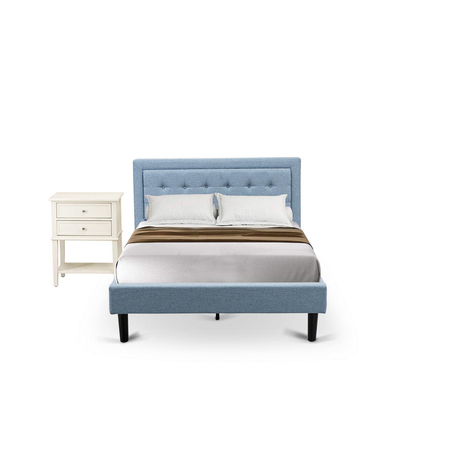 East West Furniture FN11F-1VL0C 2-Piece Platform Full Size Bedroom Set with 1 Mid Century Bed and a Bedroom Nightstand - Reliable and Durable Construction - Denim Blue Linen Fabric