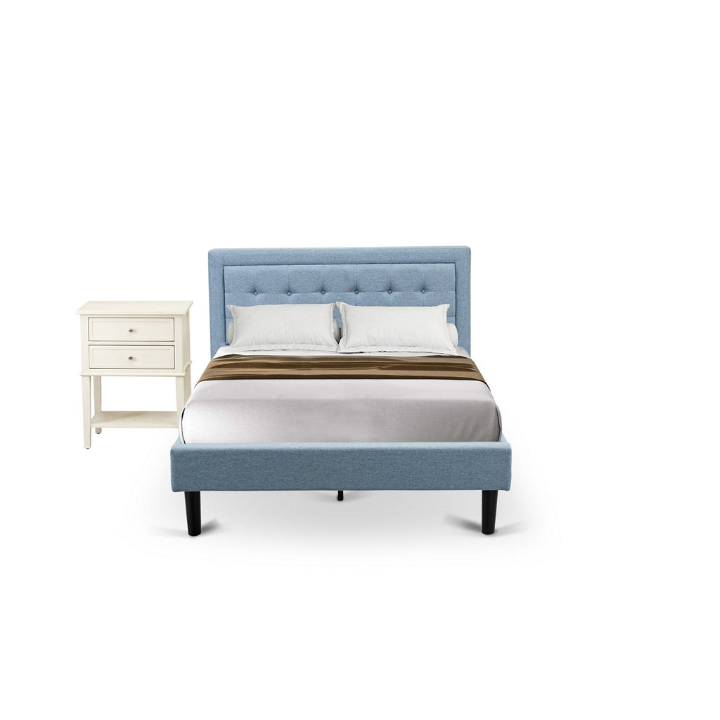 East West Furniture FN11F-1VL0C 2-Piece Platform Full Size Bedroom Set with 1 Mid Century Bed and a Bedroom Nightstand - Denim Blue Linen Fabric
