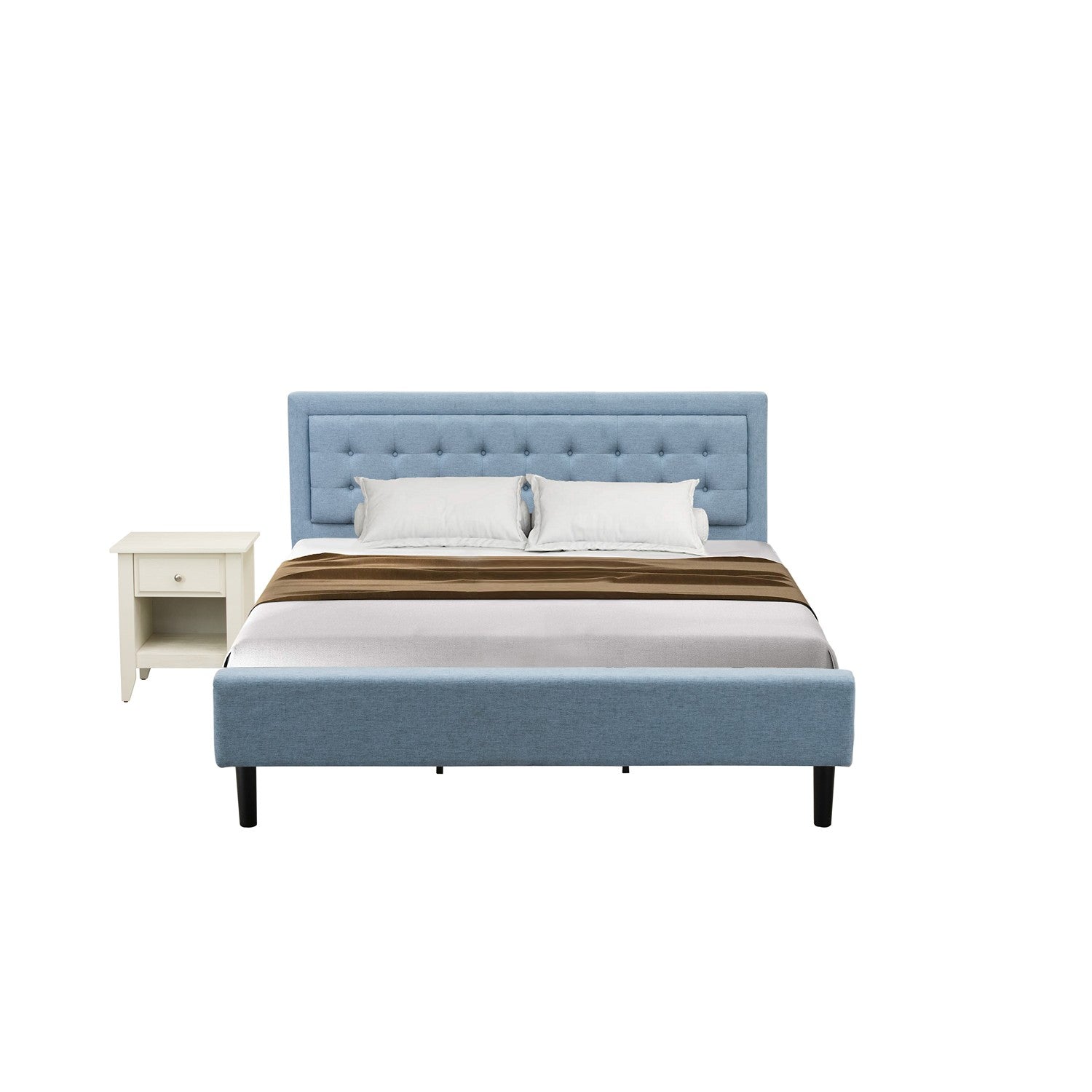 East West Furniture FN11K-1GA0C 2-Piece Fannin Bed Set with 1 King Frame and a Wire Brushed Butter Cream Mid Century Modern Nightstand - Reliable and Sturdy Construction - Denim Blue Linen Fabric Bed