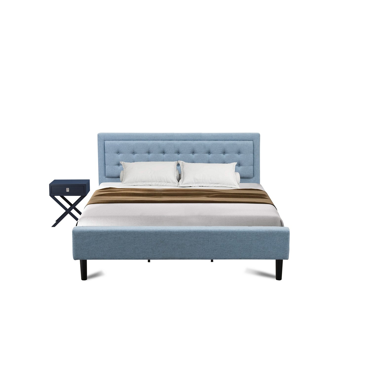 Juego de cama Fannin King de 2 piezas FN11K-1HA15 de East West Furniture con estructura de cama y mesita de noche pequeña azul marino. Construcción robusta y confiable. Cama de tela de lino azul denim.