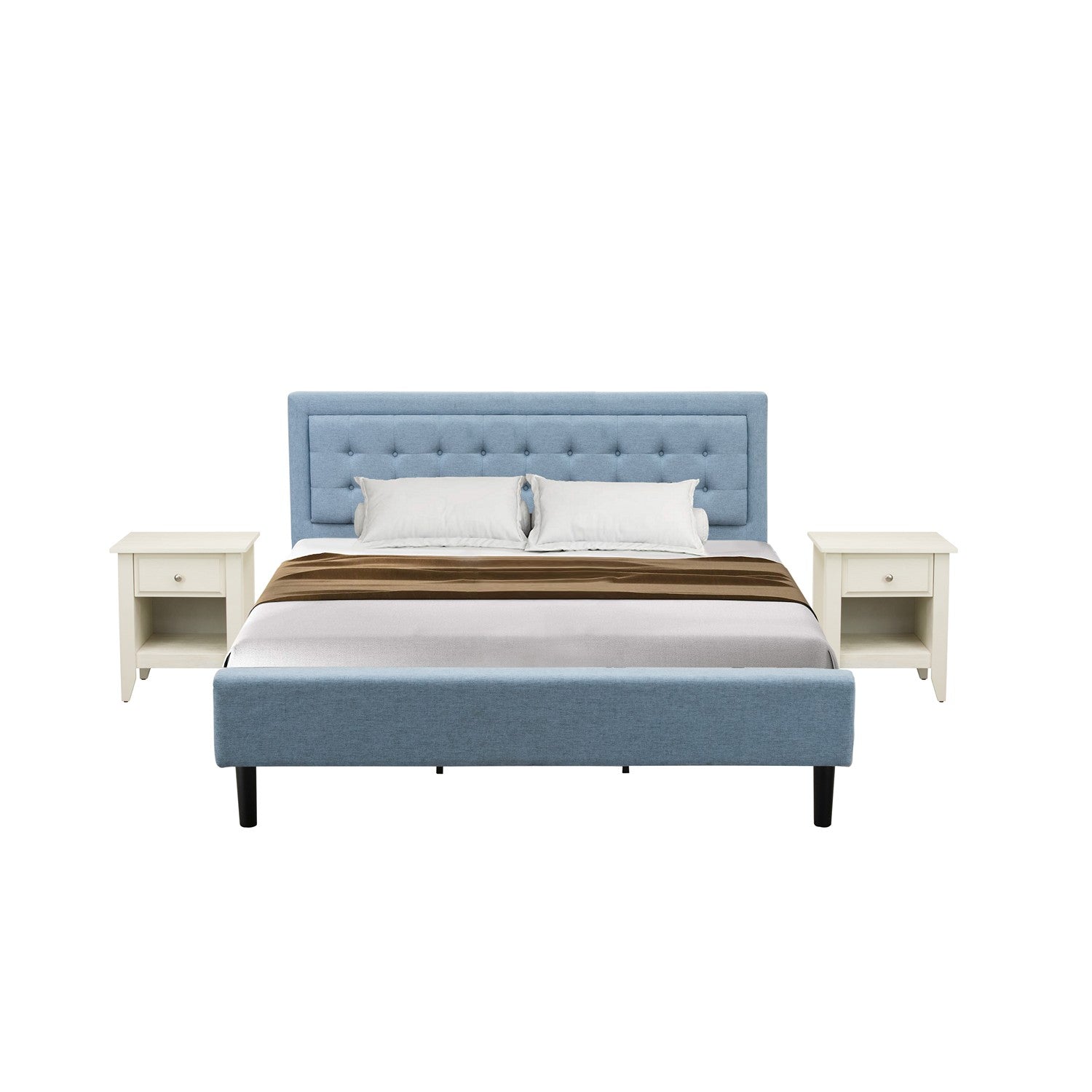 East West Furniture FN11K-2GA0C 3-Piece Platform King Bedroom Set with 1 Wood Bed Frame and 2 Modern Nightstands - Reliable and Durable Construction - Denim Blue Linen Fabric