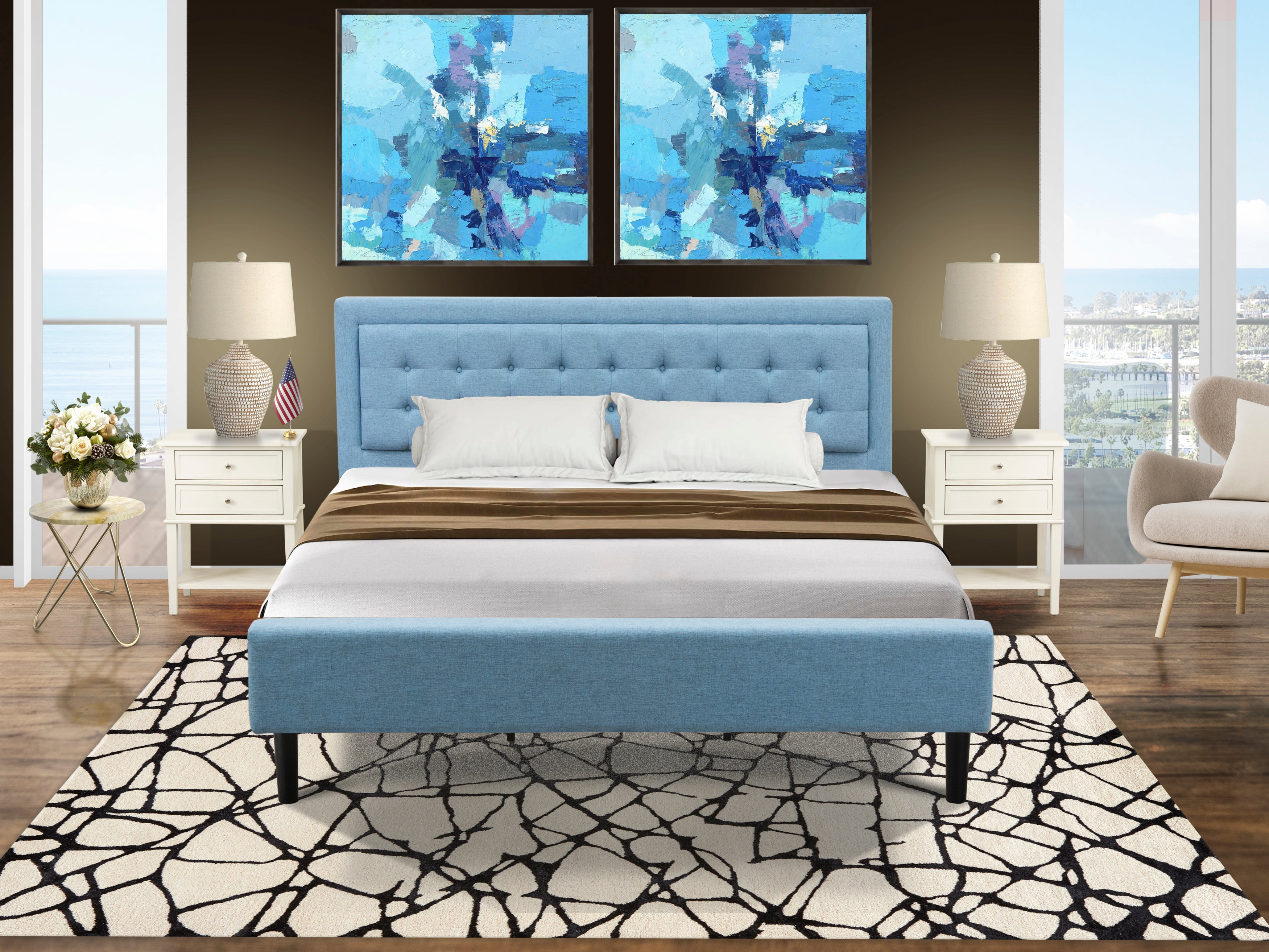 East West Furniture FN11K-2VL0C 3-Piece Platform Bed Set with 1 Modern Bed and 2 Bedroom Nightstands - Reliable and Sturdy Manufacturing - Denim Blue Linen Fabric