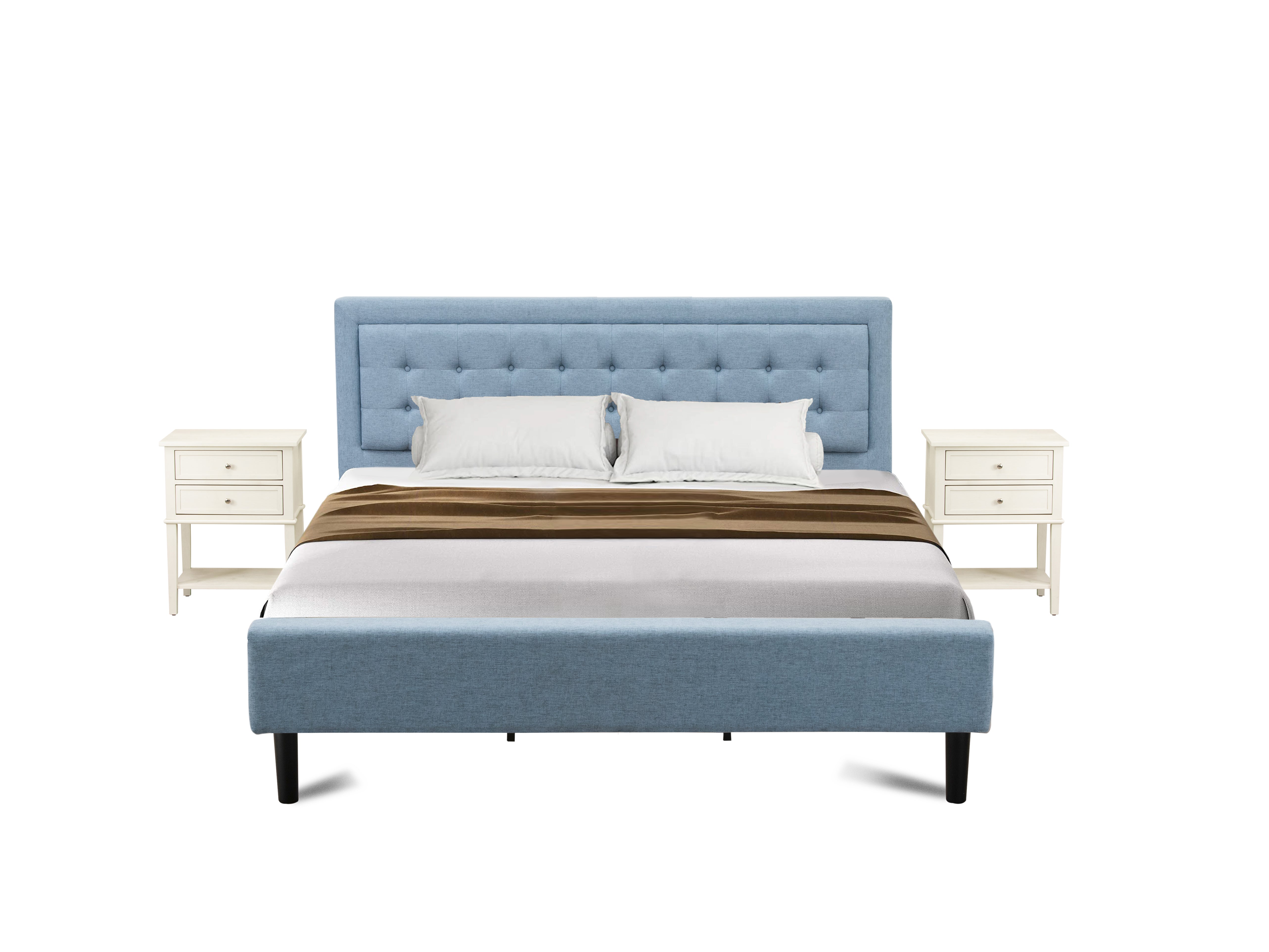 East West Furniture FN11K-2VL0C 3-Piece Platform Bed Set with 1 Modern Bed and 2 Bedroom Nightstands - Reliable and Sturdy Manufacturing - Denim Blue Linen Fabric
