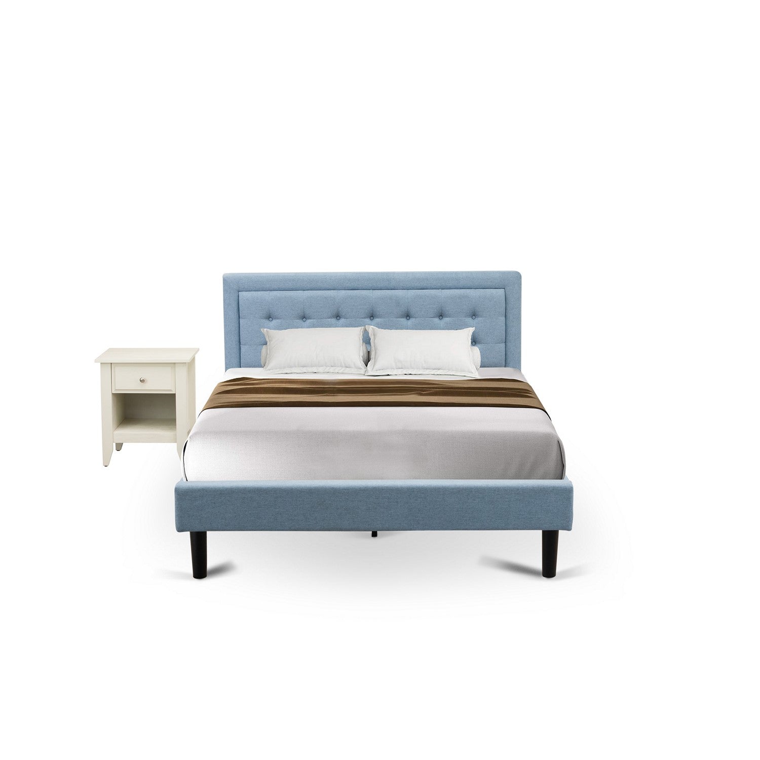 East West Furniture FN11Q-1GA0C 2-Piece Fannin Bed Set with 1 Queen Size Frame and an End Table for bedroom - Reliable and Sturdy Manufacturing - Denim Blue Linen Fabric