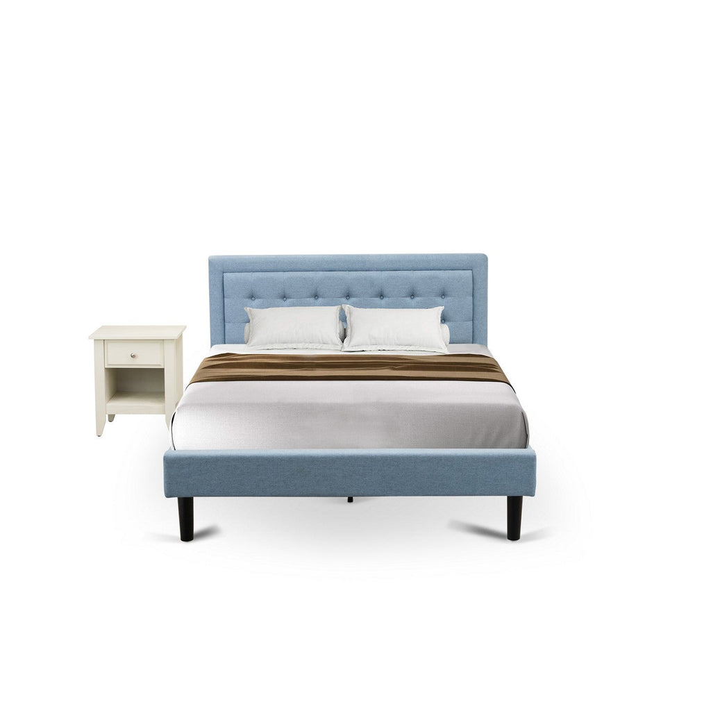 East West Furniture FN11Q-1GA0C 2-Piece Fannin Bed Set with 1 Queen Size Frame and an End Table for bedroom - Denim Blue Linen Fabric