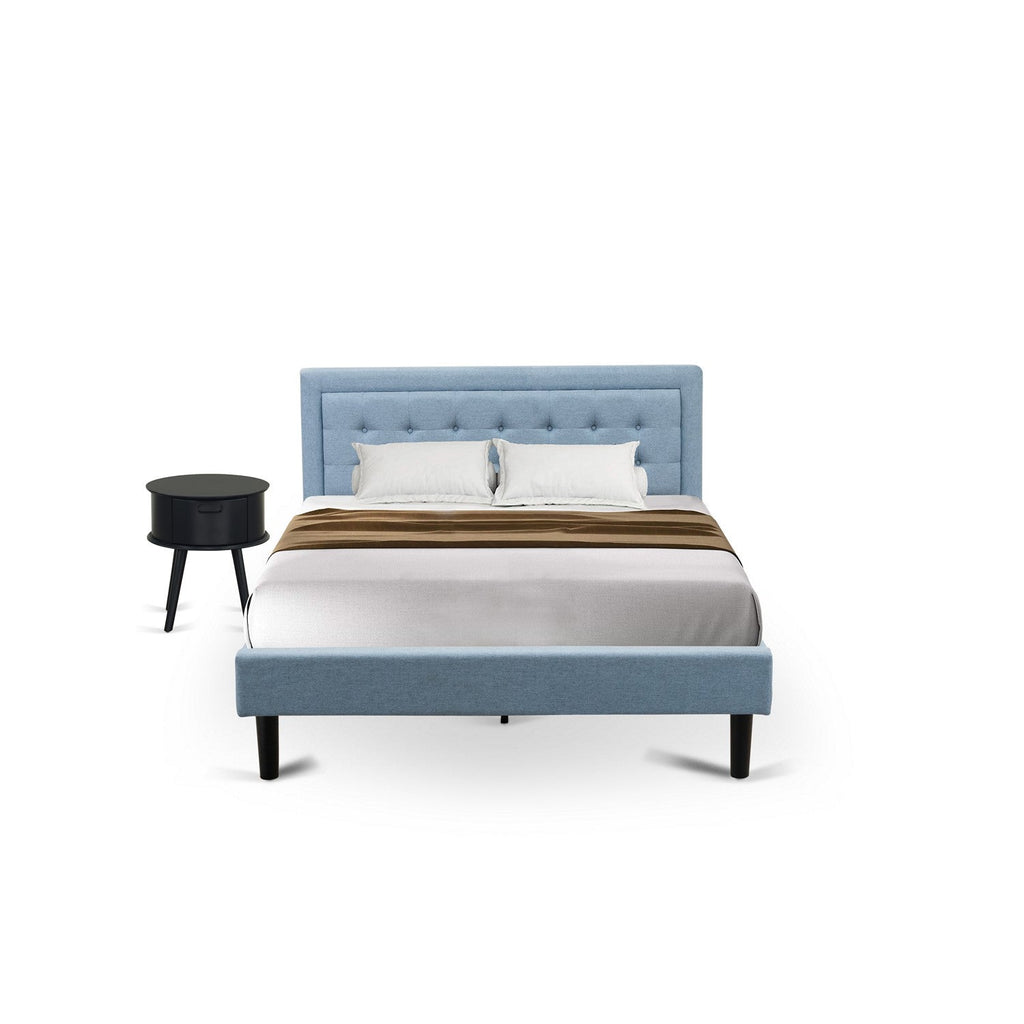 East West Furniture FN11Q-1GO15 2-Piece Platform Bedroom Furniture Set with 1 Platform Bed and a Wood Nightstand - Denim Blue Linen Fabric