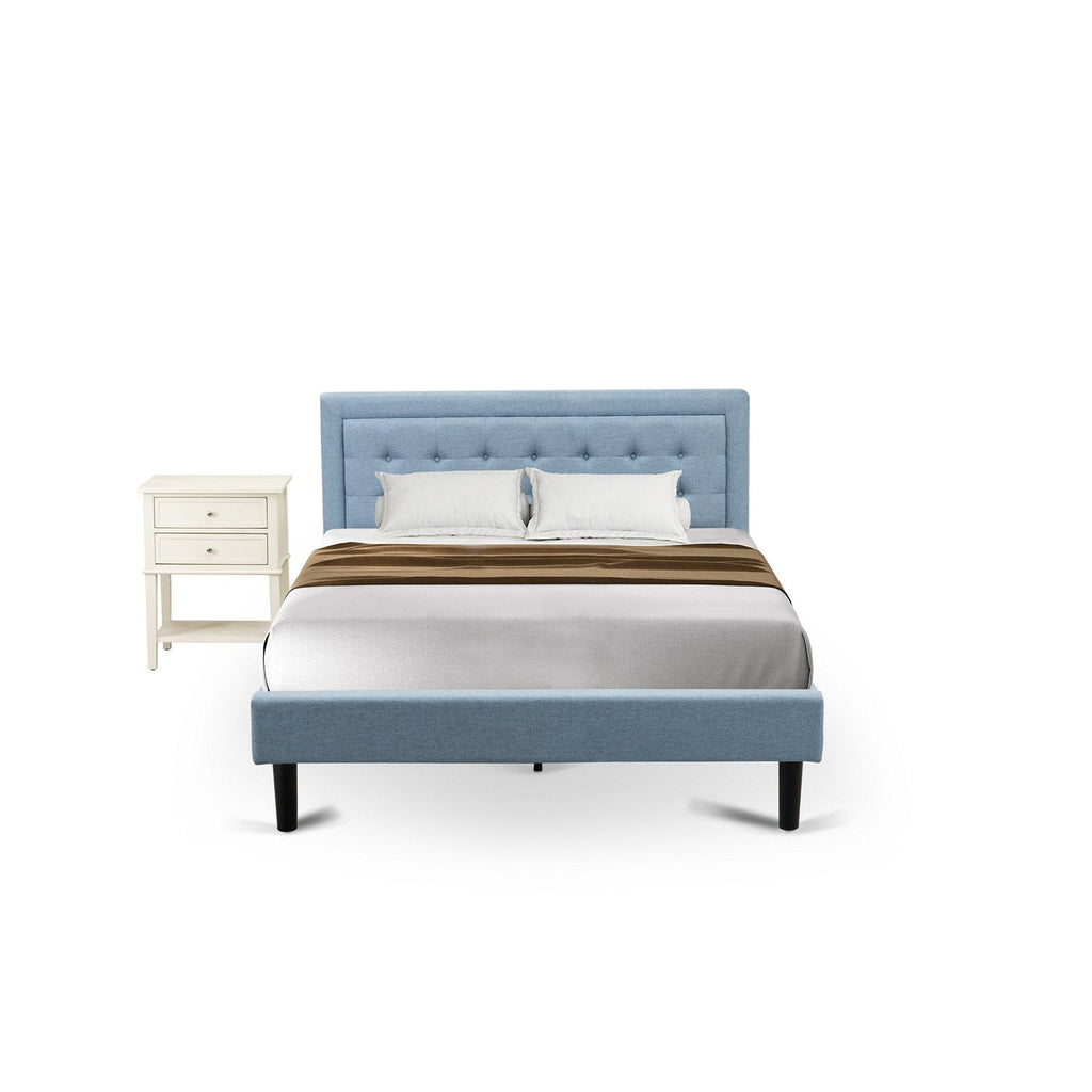 East West Furniture FN11Q-1VL0C 2-Piece Platform Queen Bed Set Furniture with 1 Queen Wood Bed Frame and a Night Stand for Bedrooms - Denim Blue Linen Fabric