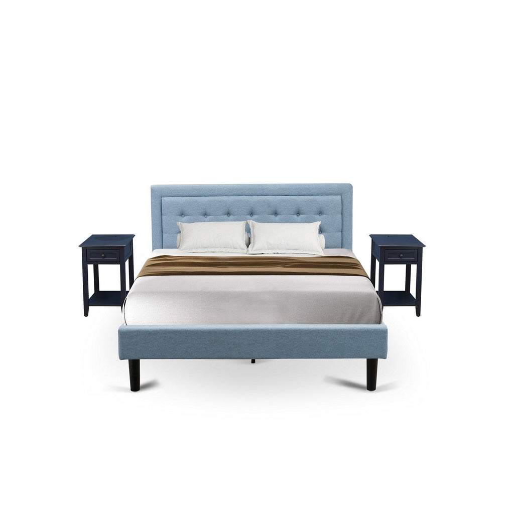 Juego de cama de plataforma de 3 piezas East West Furniture FN11Q-2DE15 con estructura de cama tamaño queen y 2 mesitas de noche - Tela de lino azul denim