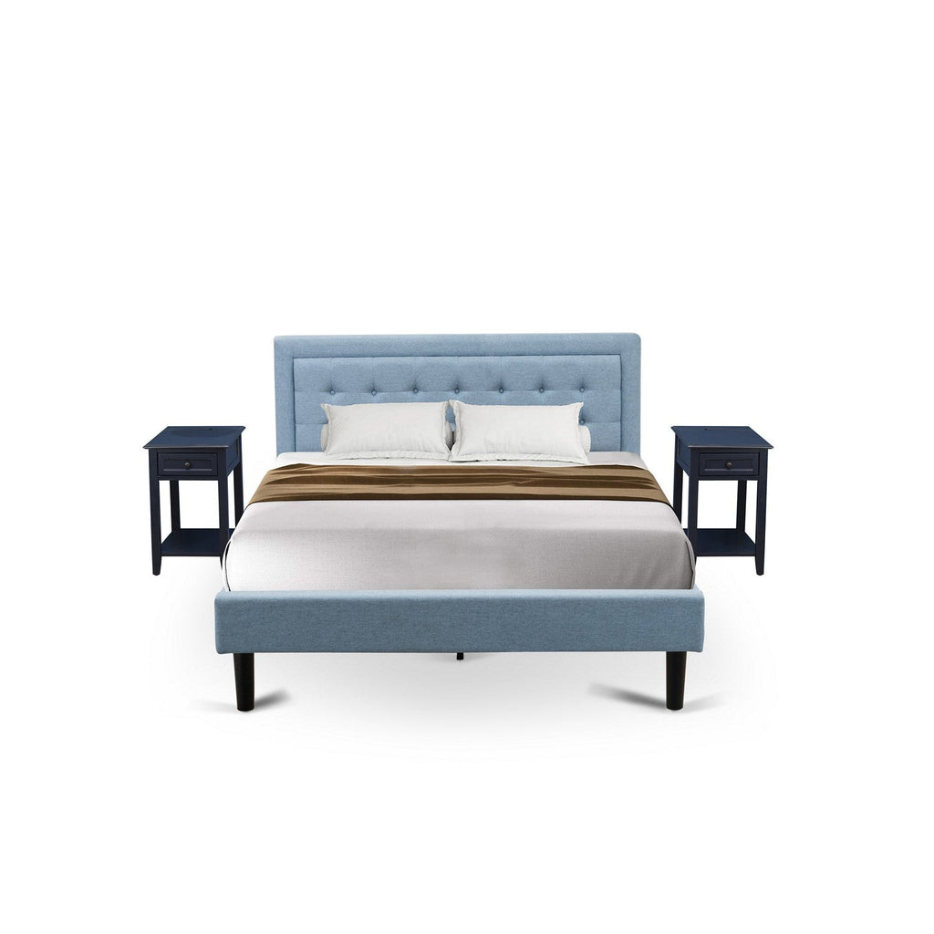 East West Furniture FN11Q-2DE15 3-Piece Platform Bed Set with 1 Queen Bed Frame and 2 Night Stands - Denim Blue Linen Fabric