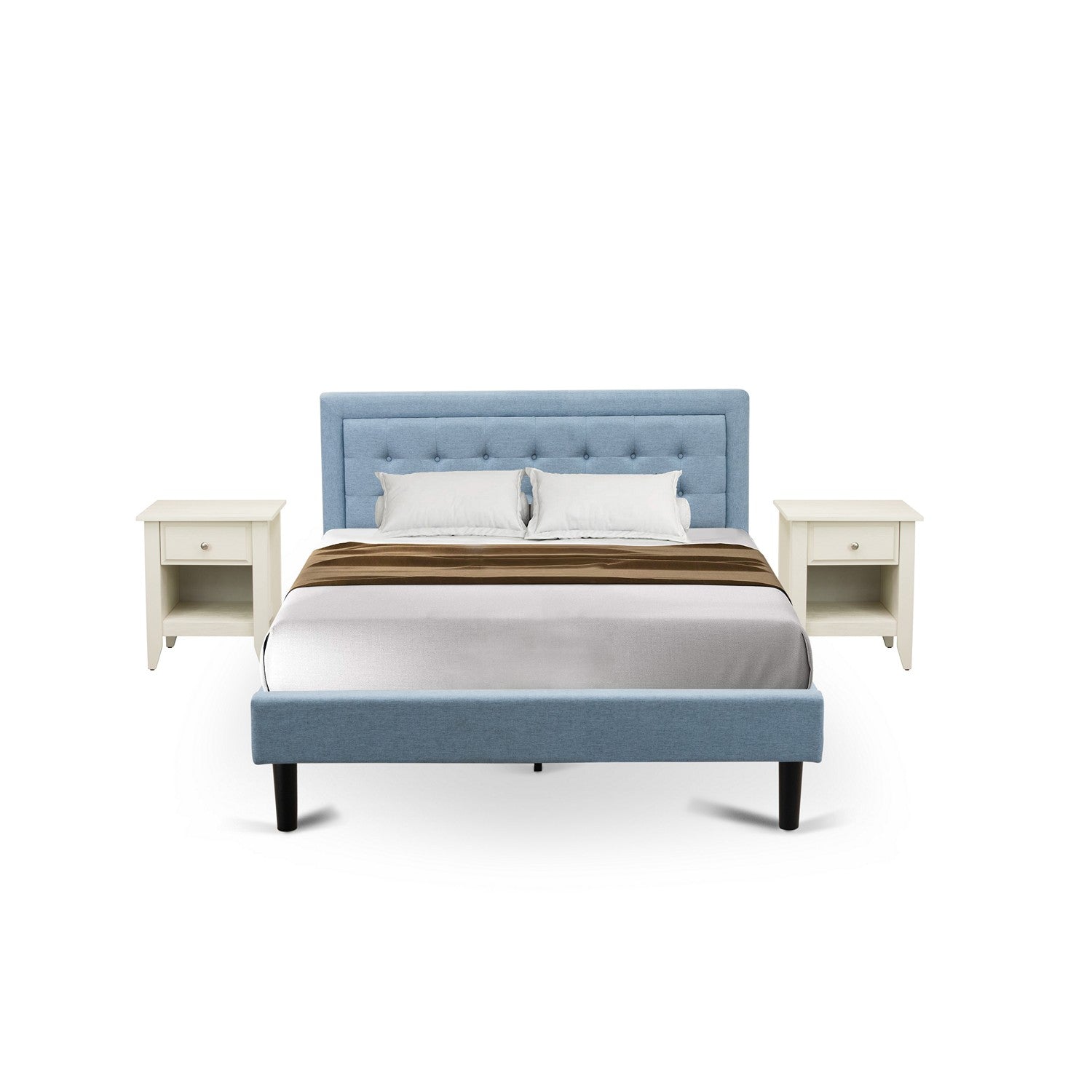 East West Furniture FN11Q-2GA0C 3-Piece Fannin Queen Bedroom Set with 1 Modern Bed and 2 Night Stands for Bedrooms - Reliable and Durable Construction - Denim Blue Linen Fabric
