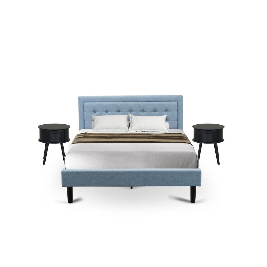 East West Furniture FN11Q-2GO15 3-Piece Platform Bed Set with 1 Mid Century Bed and 2 Small Nightstands - Denim Blue Linen Fabric