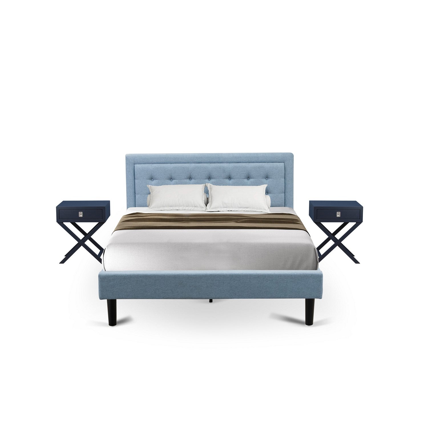 East West Furniture FN11Q-2HA15 3-Piece Fannin Wooden Set for Bedroom with 1 Platform Bed Frame and 2 Modern Nightstands - Reliable and Sturdy Construction - Denim Blue Linen Fabric