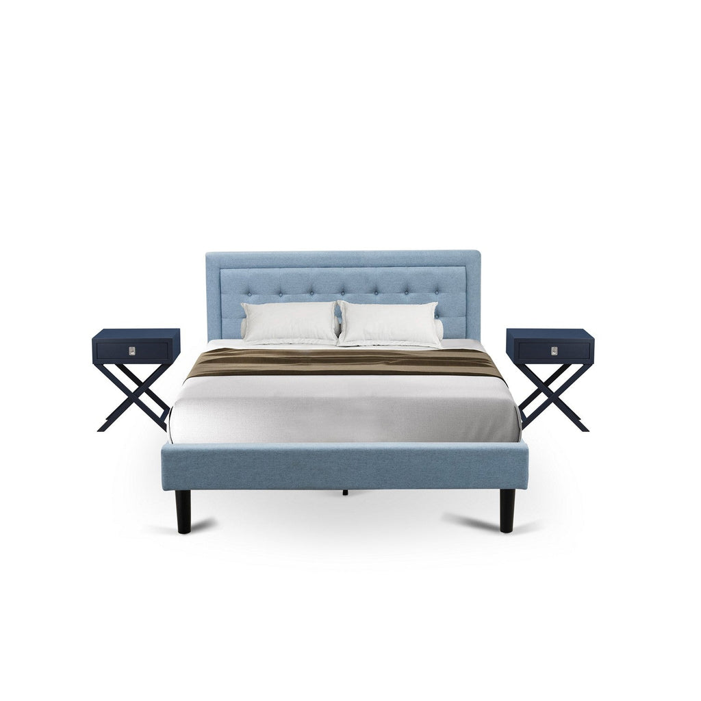 East West Furniture FN11Q-2HA15 3-Piece Fannin Wooden Set for Bedroom with 1 Platform Bed Frame and 2 Modern Nightstands - Denim Blue Linen Fabric