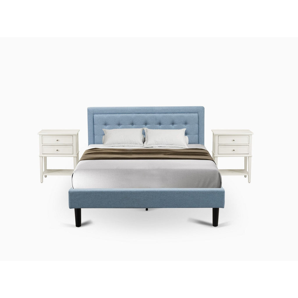 East West Furniture FN11Q-2VL0C 3-Piece Platform Wooden Set for Bedroom with 1 Queen Bedframe and 2 Modern Nightstands - Denim Blue Linen Fabric