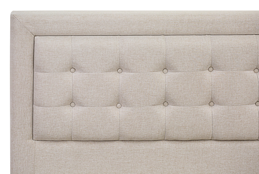 East West Furniture FNF-08-F Platform Full Size Bed - Mist Beige Linen Fabric Upholstered Bed Headboard with Button Tufted Trim Design - Black Legs