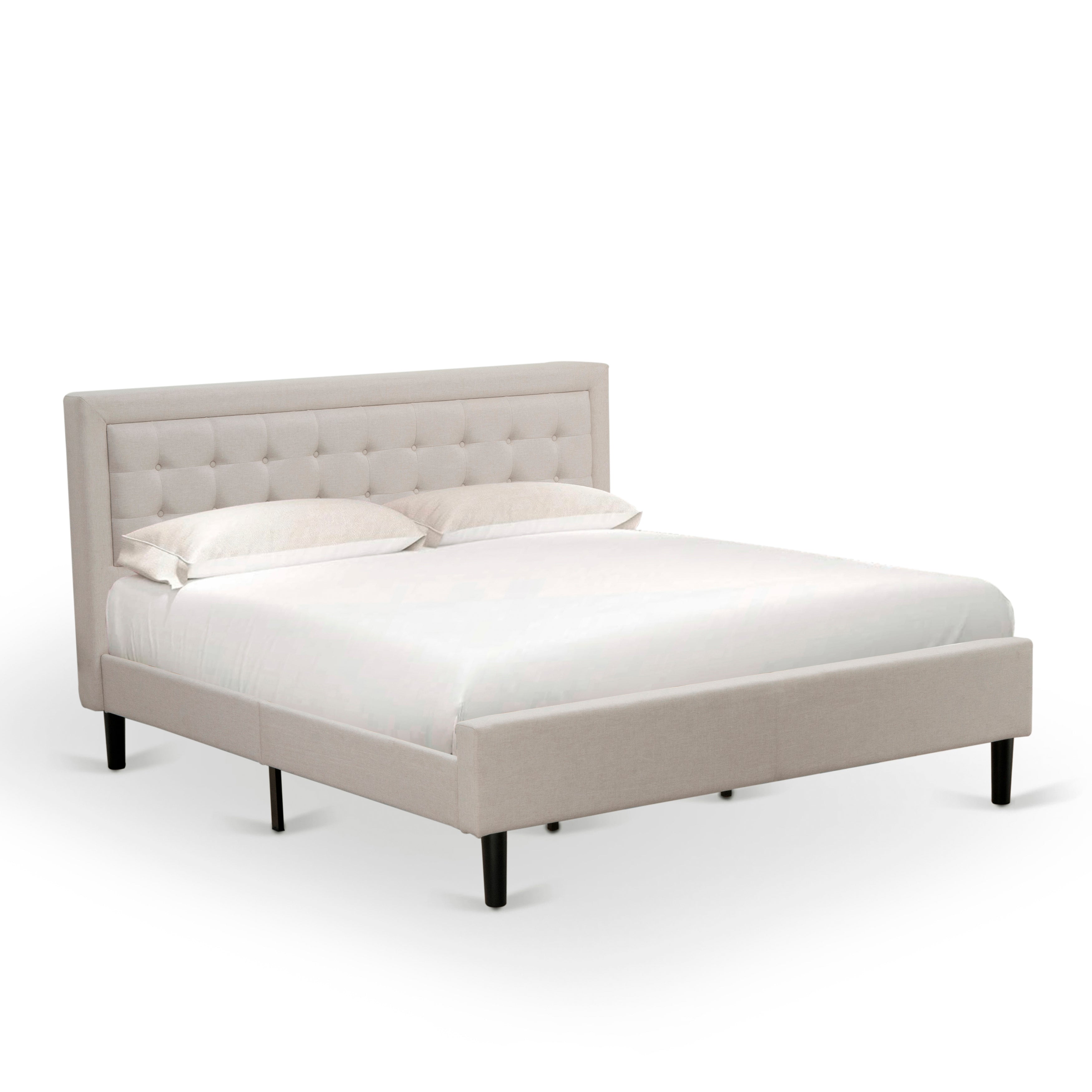 Juego de dormitorio de 3 piezas East West Furniture FN08K-2DE05 con plataforma tamaño king, con una cama tamaño king y dos mesitas de noche. Construcción robusta y confiable. Tela de lino beige niebla.