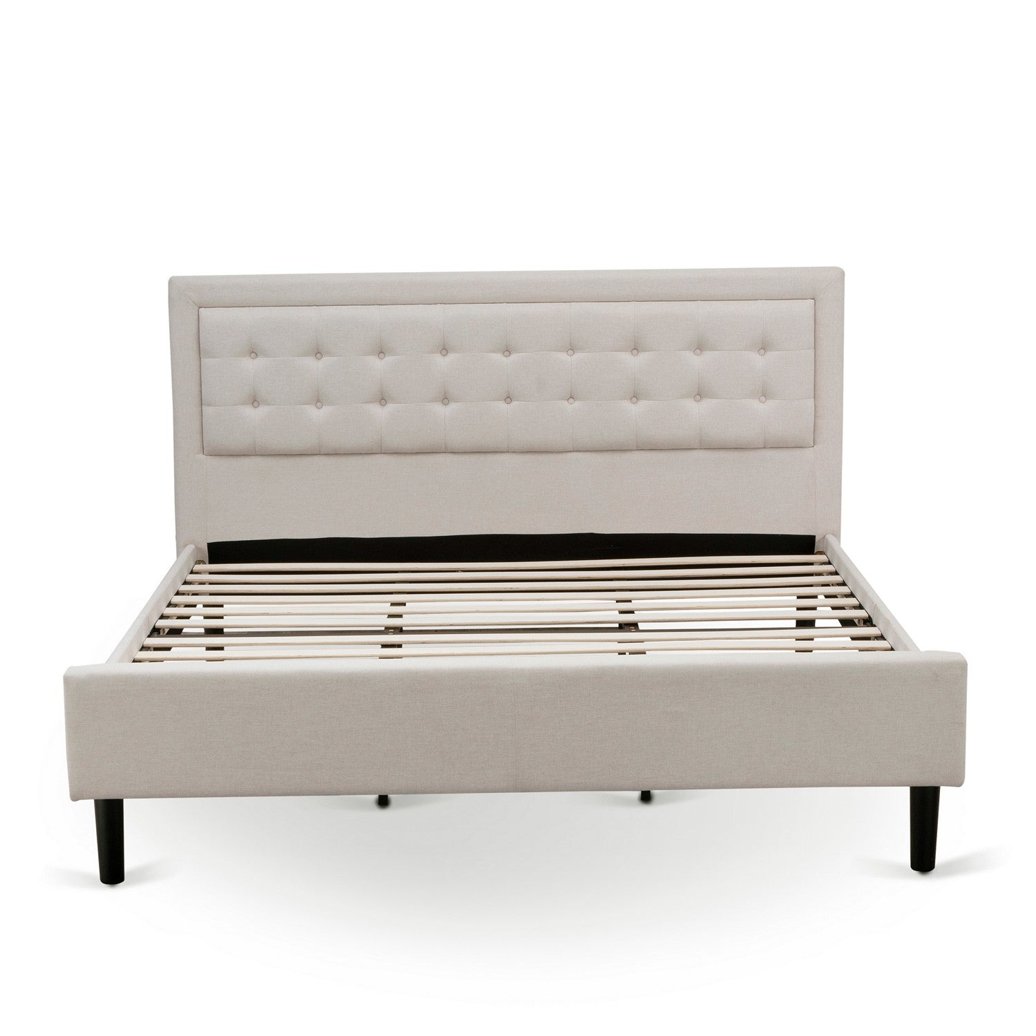 Juego de dormitorio Fannin de madera de 3 piezas FN08K-2HI13 de East West Furniture con una cama de mediados de siglo y dos mesitas de noche modernas de mediados de siglo. Construcción fiable y duradera. Tela de lino beige niebla.